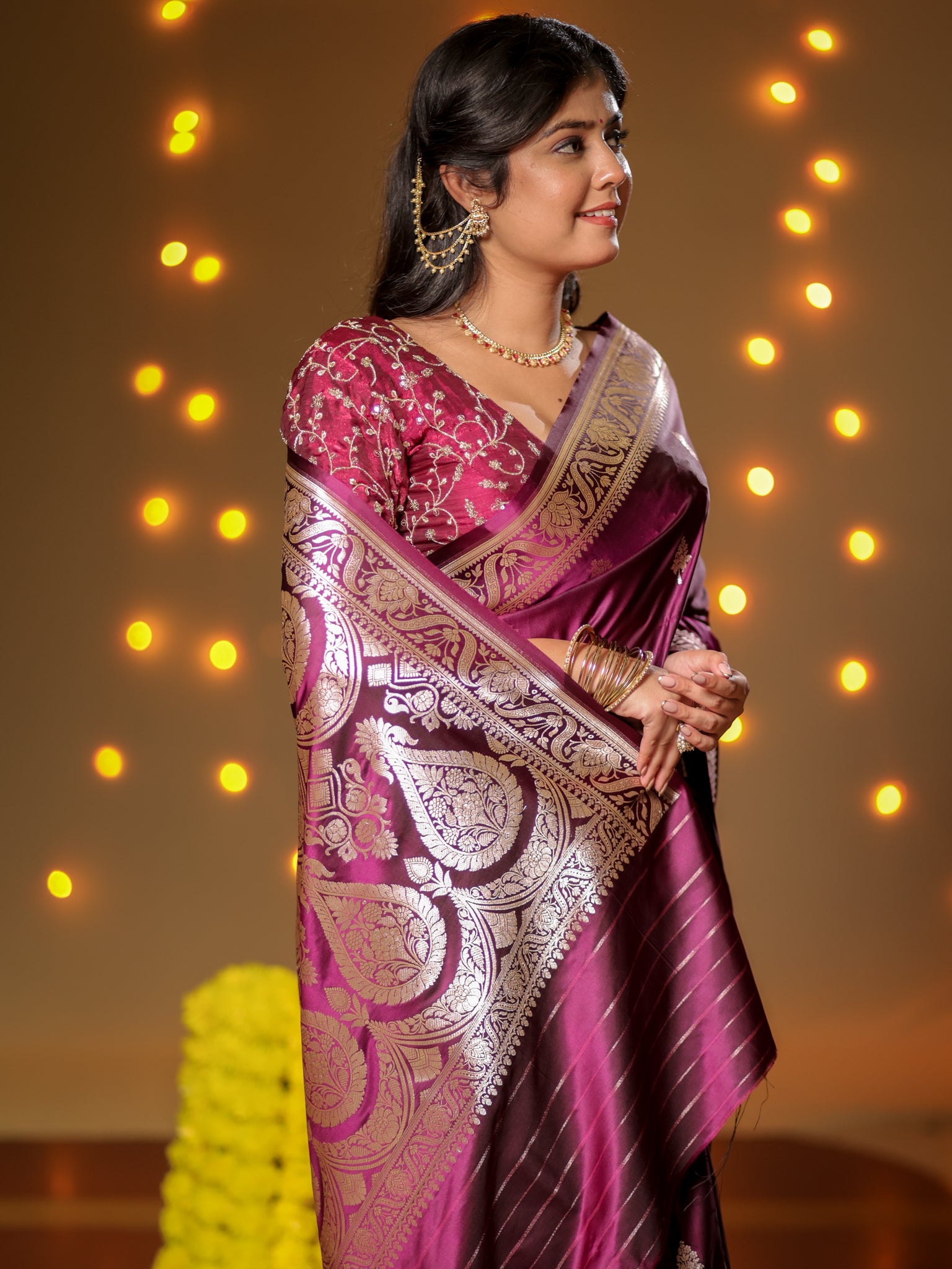 Banarasi Mashru Silk Saree With Buti & Border- Wine