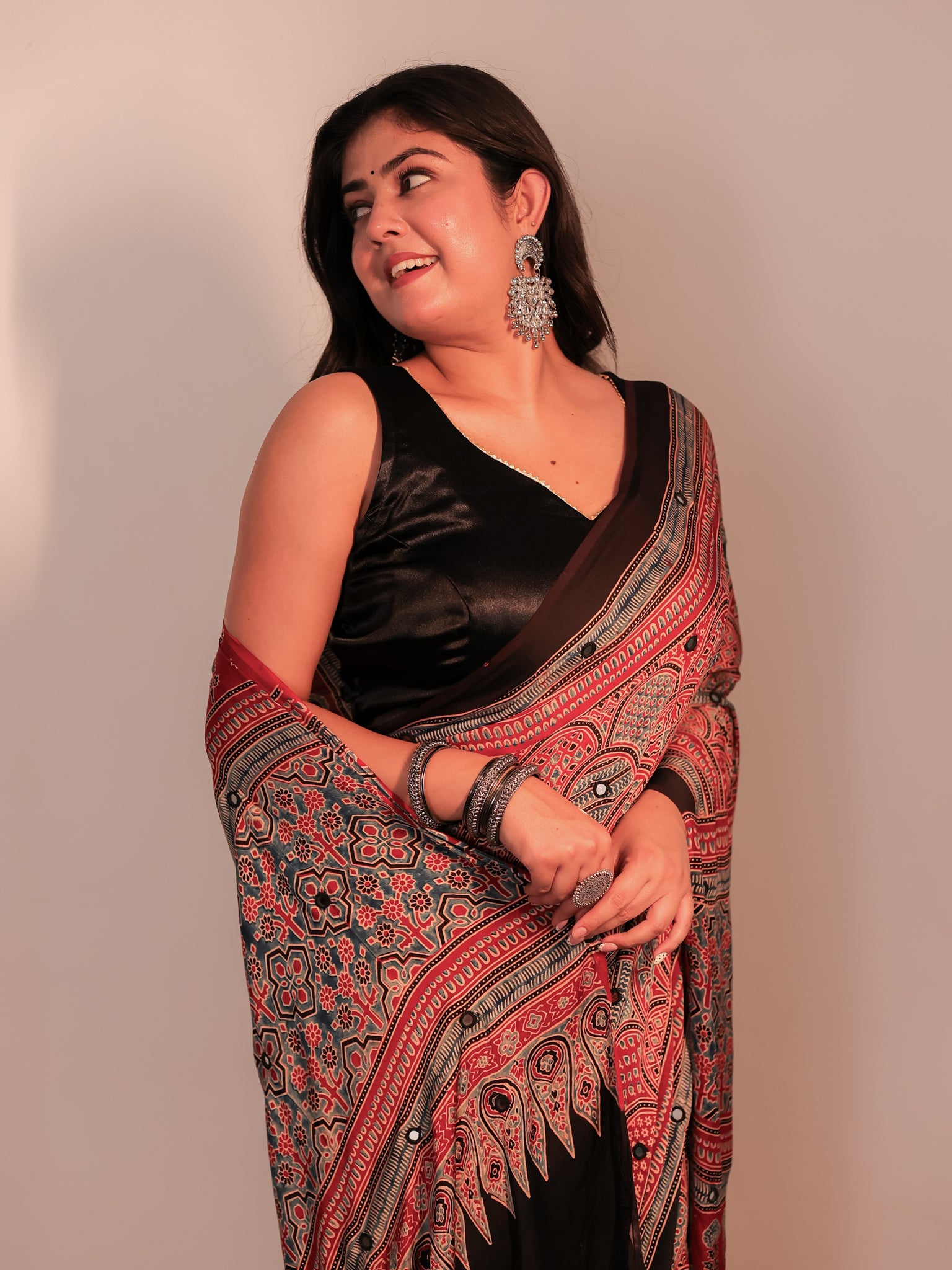 Red Mirror Work Ajrakh Modal Silk Saree
