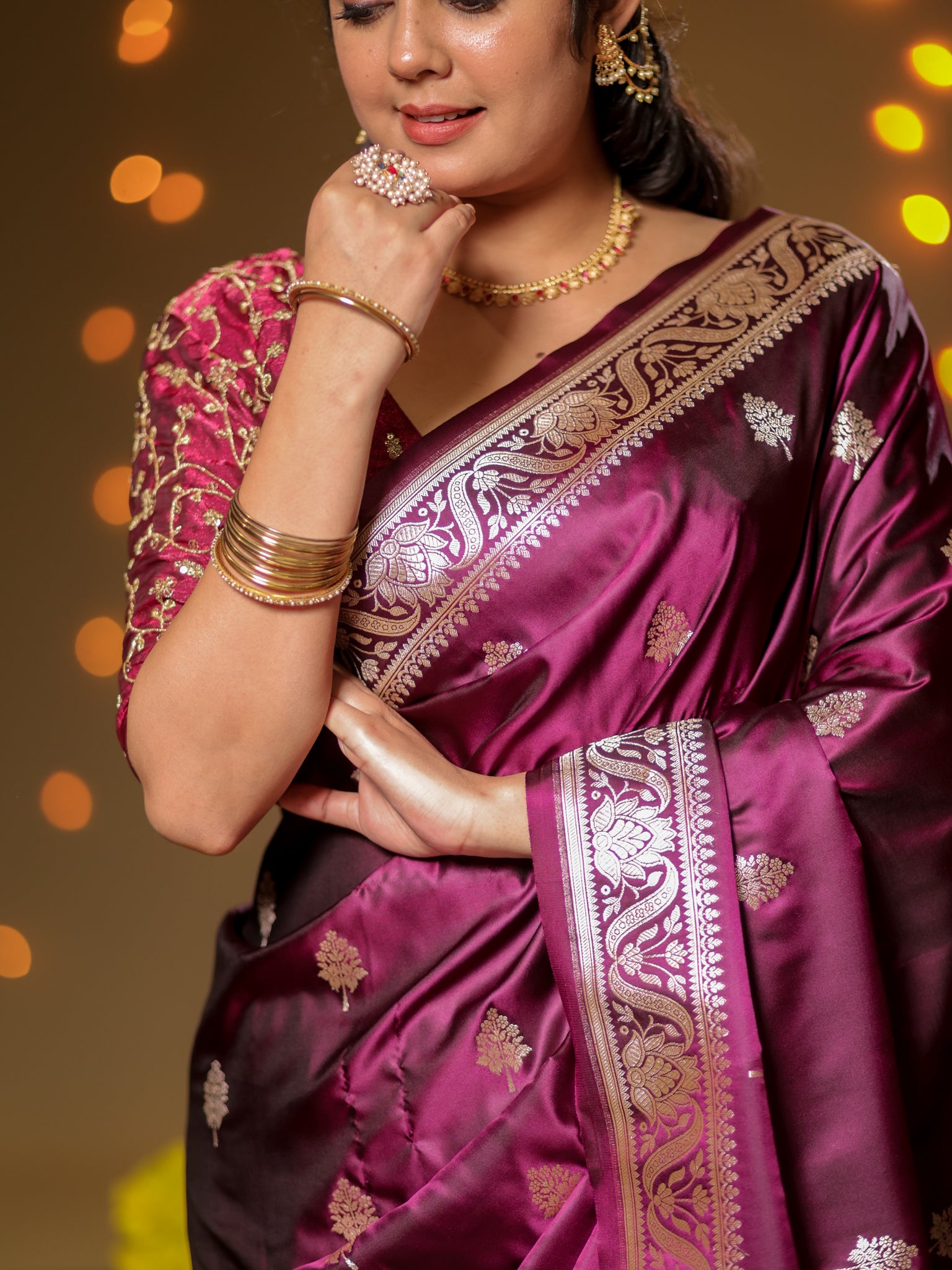 Banarasi Mashru Silk Saree With Buti & Border- Wine