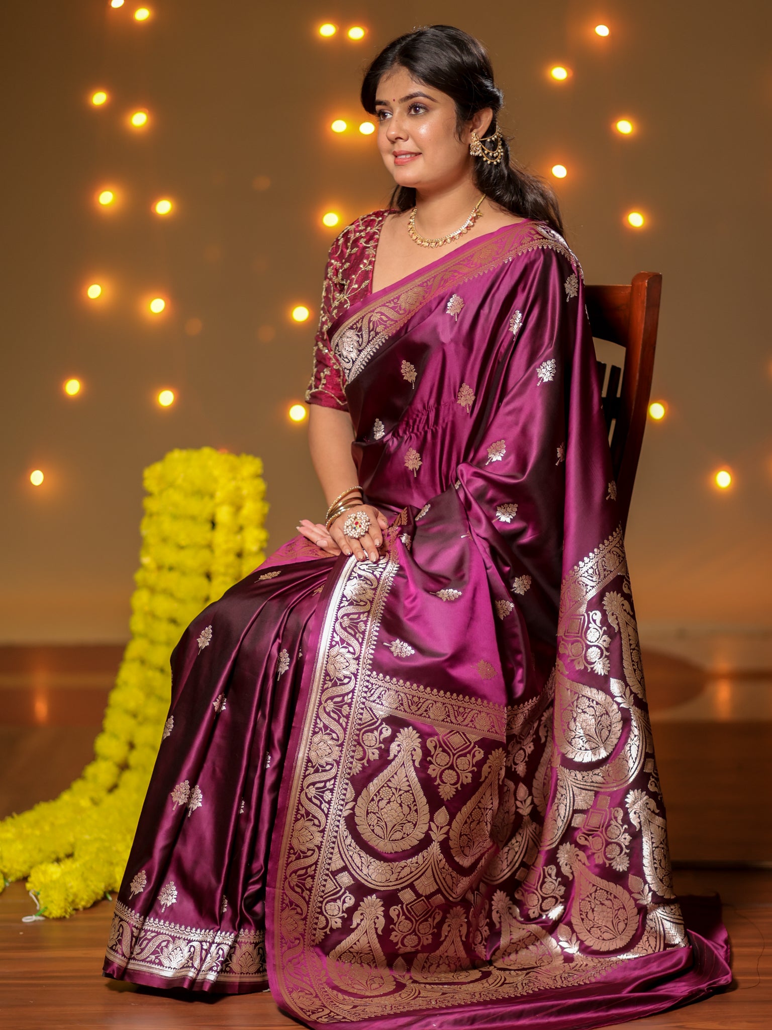 Banarasi Mashru Silk Saree With Buti & Border- Wine