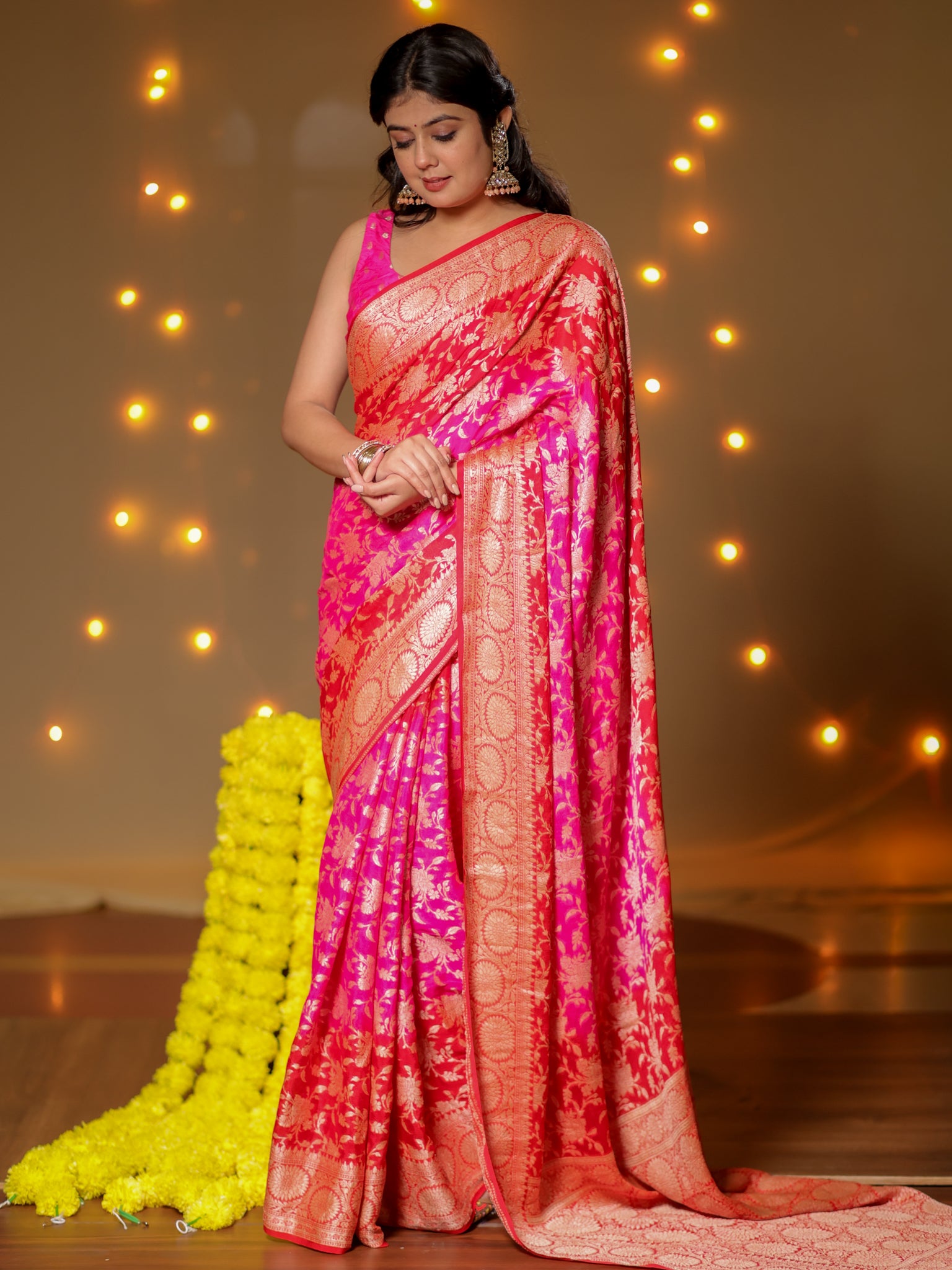 Banarasi Pure Khaddi Georgette Shaded Saree With Zari Weaving- Pink