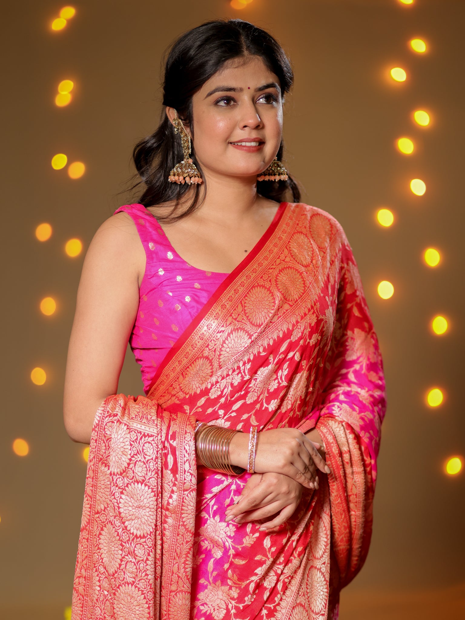 Banarasi Pure Khaddi Georgette Shaded Saree With Zari Weaving- Pink