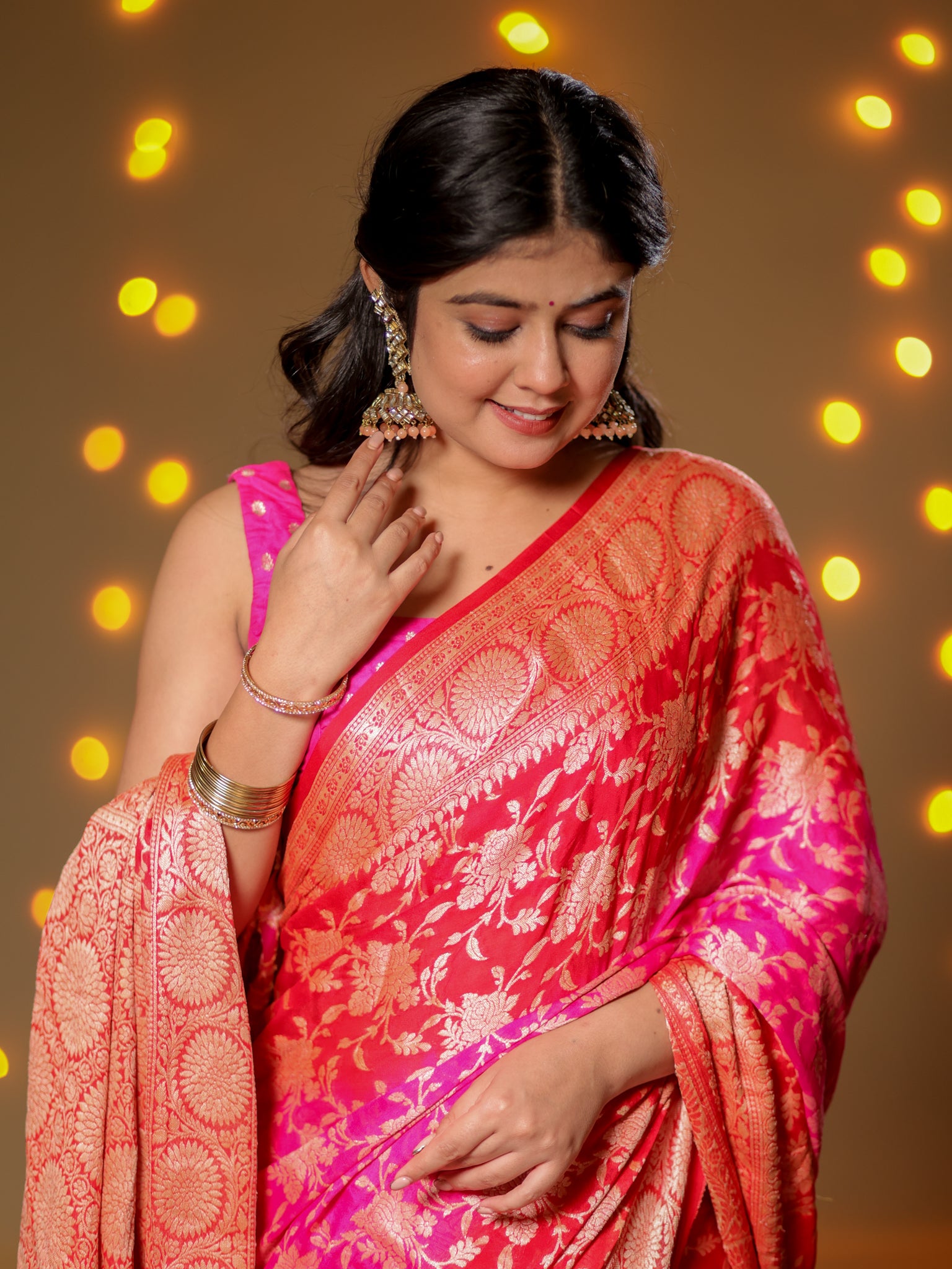 Banarasi Pure Khaddi Georgette Shaded Saree With Zari Weaving- Pink
