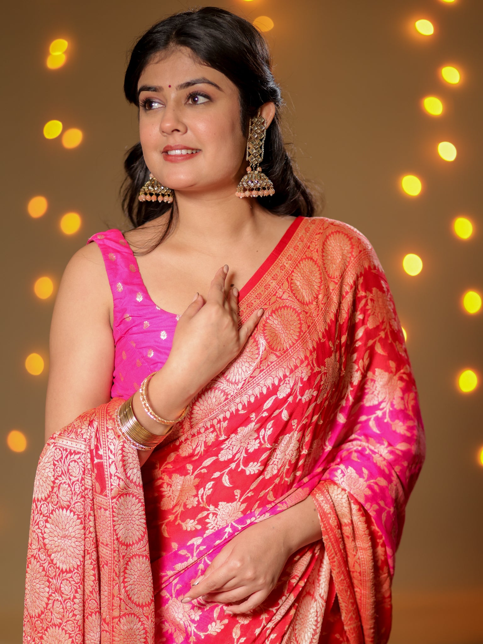 Banarasi Pure Khaddi Georgette Shaded Saree With Zari Weaving- Pink