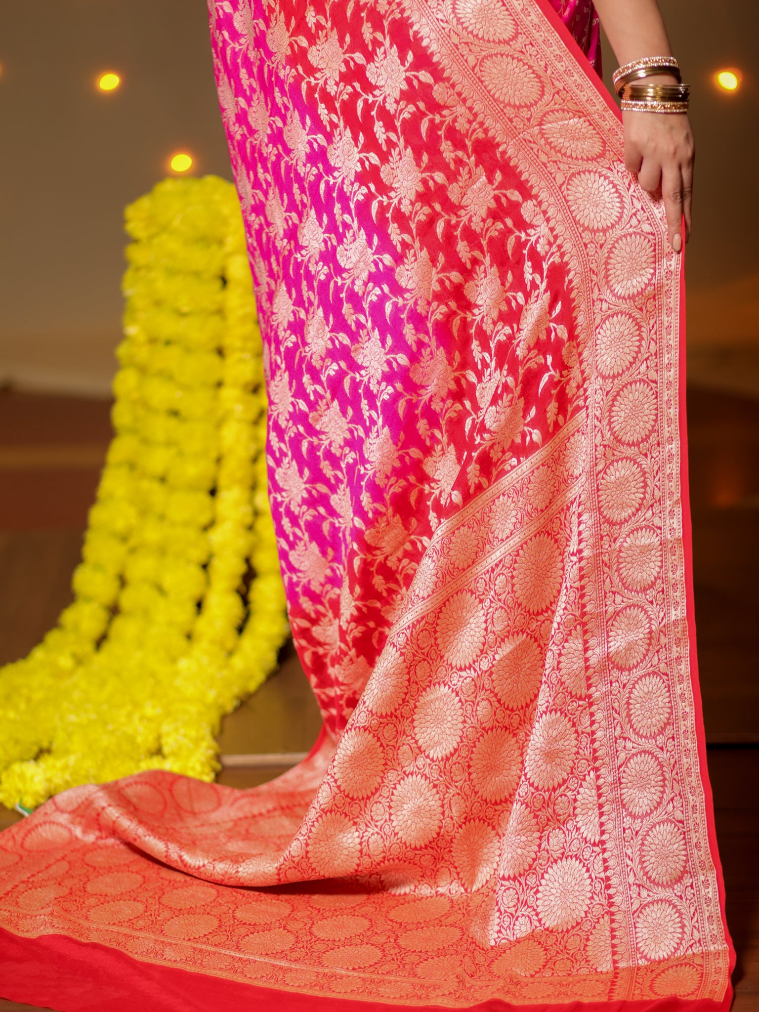 Banarasi Pure Khaddi Georgette Shaded Saree With Zari Weaving- Pink