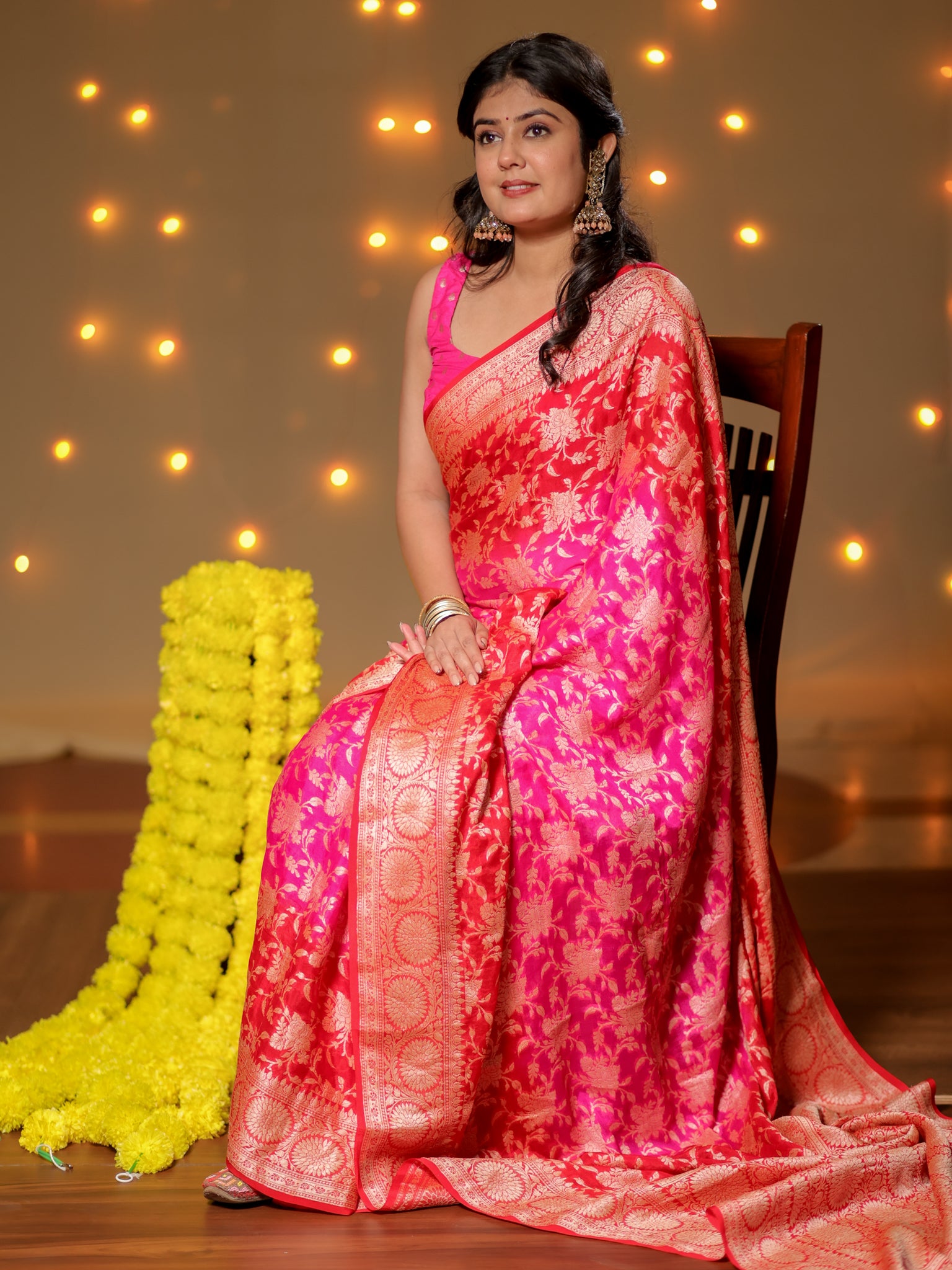 Banarasi Pure Khaddi Georgette Shaded Saree With Zari Weaving- Pink
