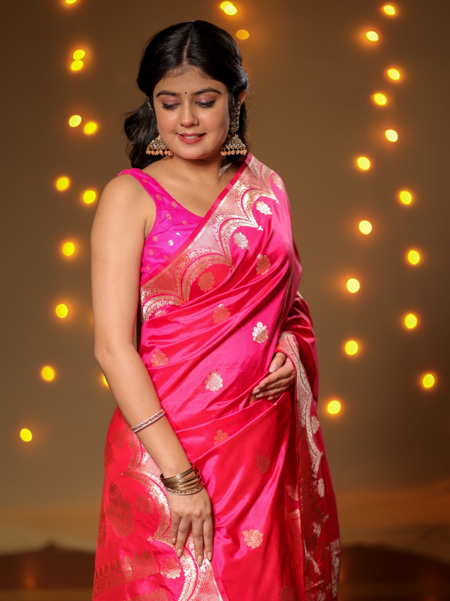 Banarasi Pure Katan Saree With Buti & Border- Pink
