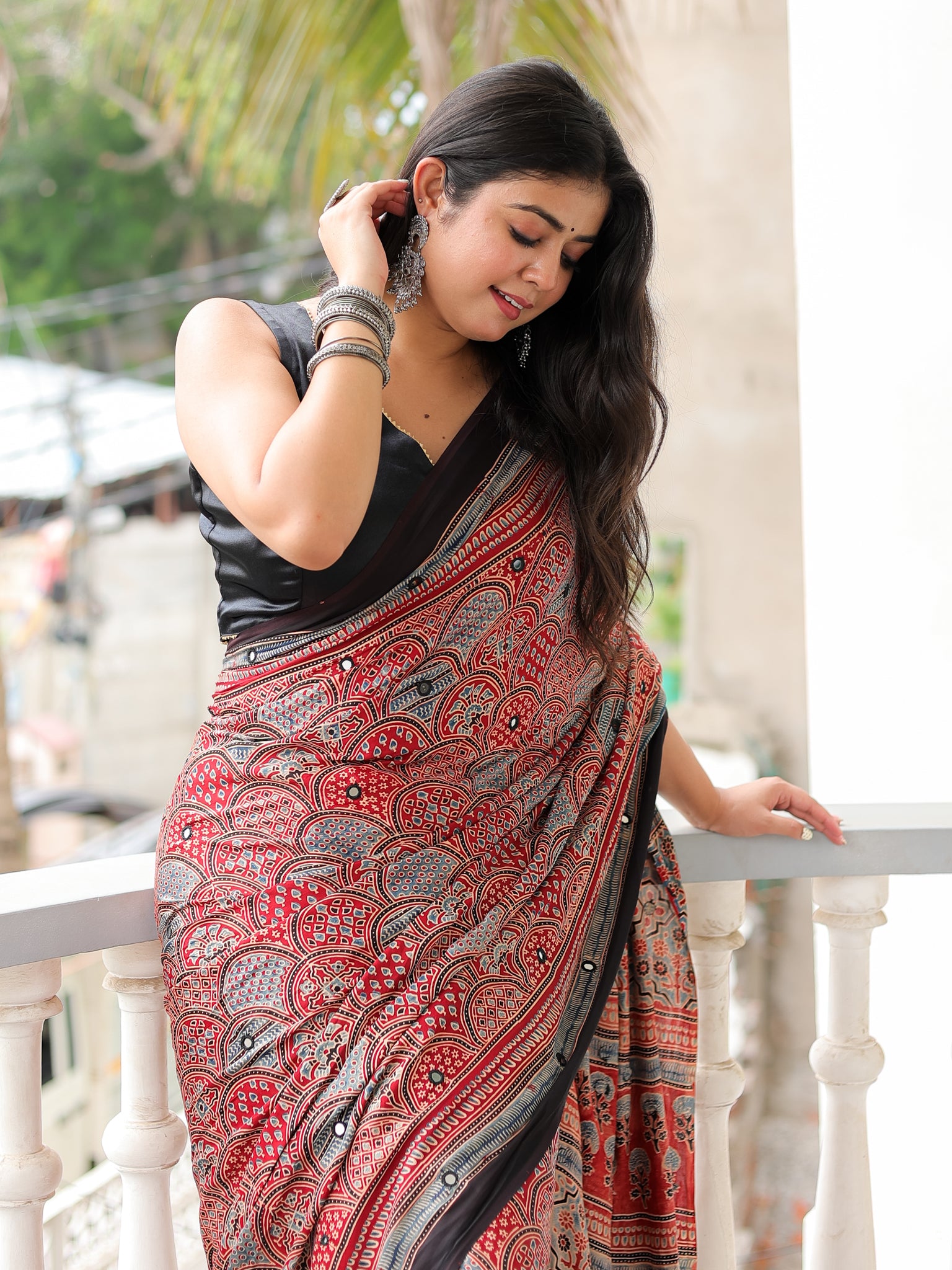 Red Mirror Work Ajrakh Modal Silk Saree