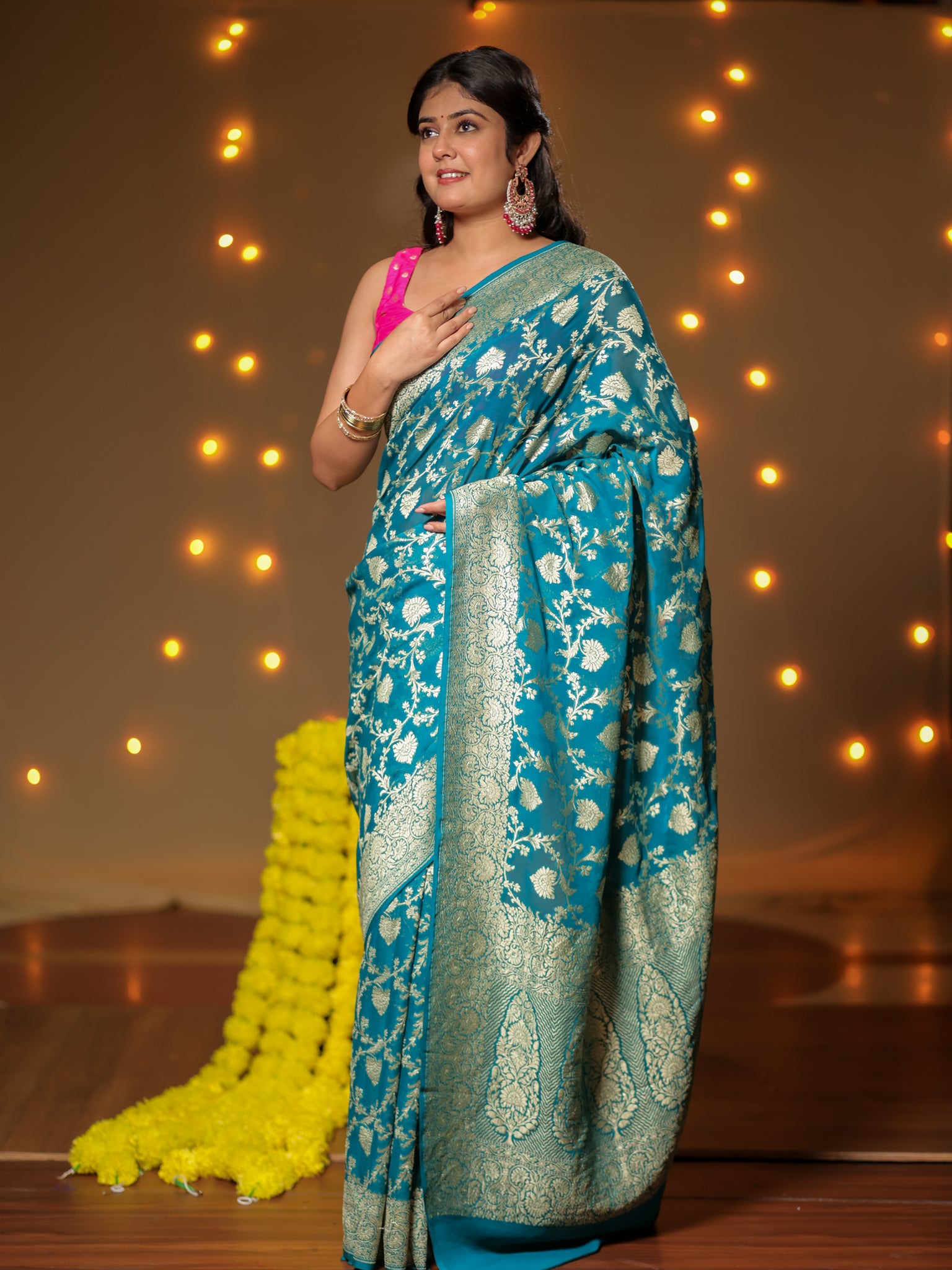 Banarasi Pure Khaddi Georgette Saree With Floral Jaal Zari Weaving- Teal