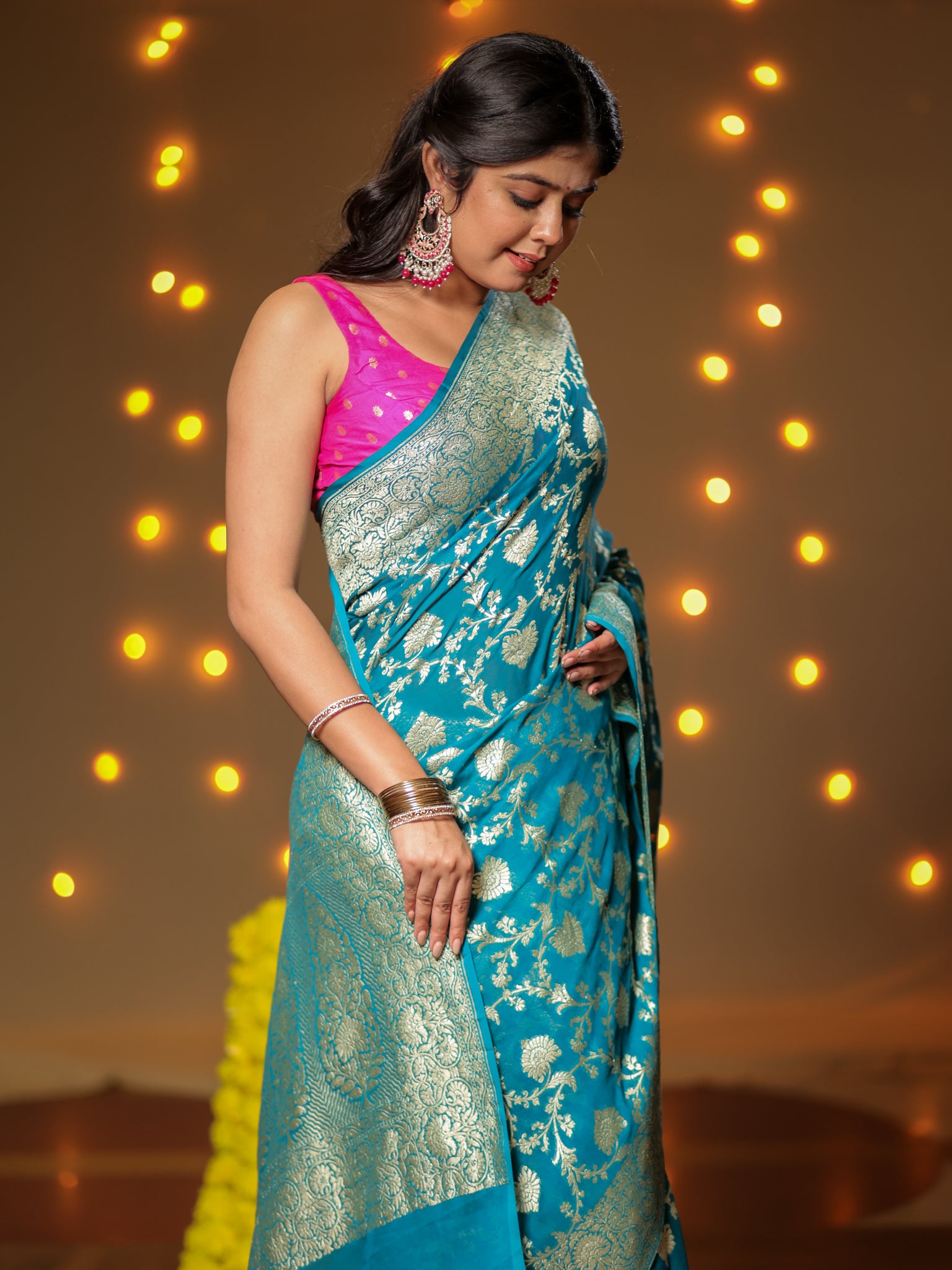 Banarasi Pure Khaddi Georgette Saree With Floral Jaal Zari Weaving- Teal