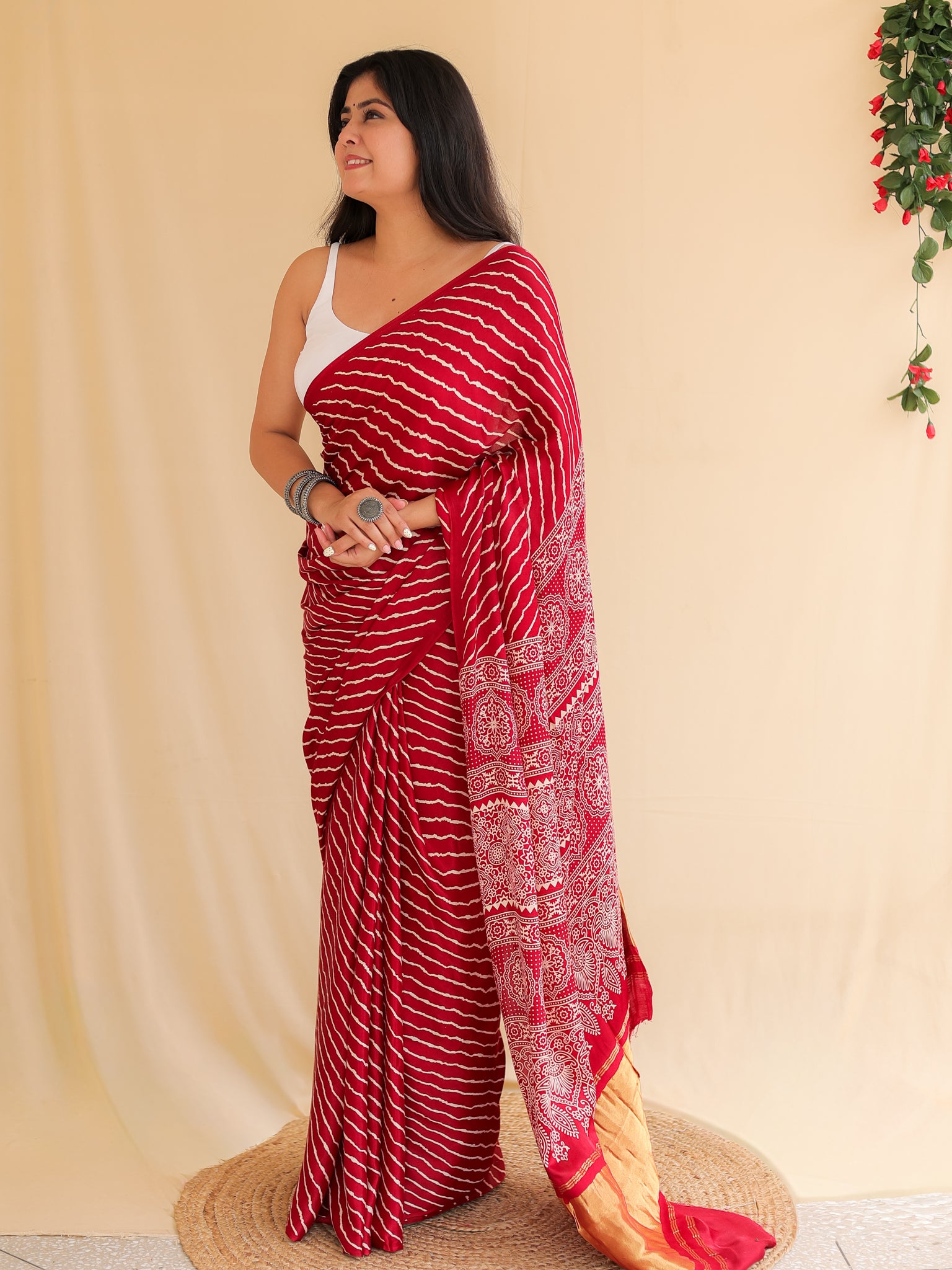 Maroon Leheriya Modal Lagdi Patta Saree