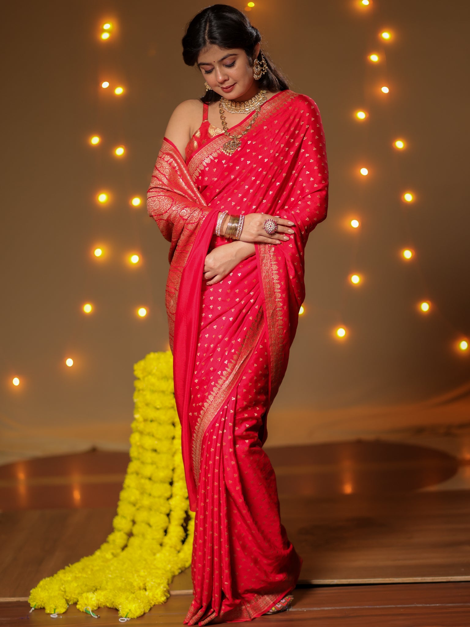 Banarasi Pure Khaddi Georgette Saree With Antique Zari Buti Weaving- Red