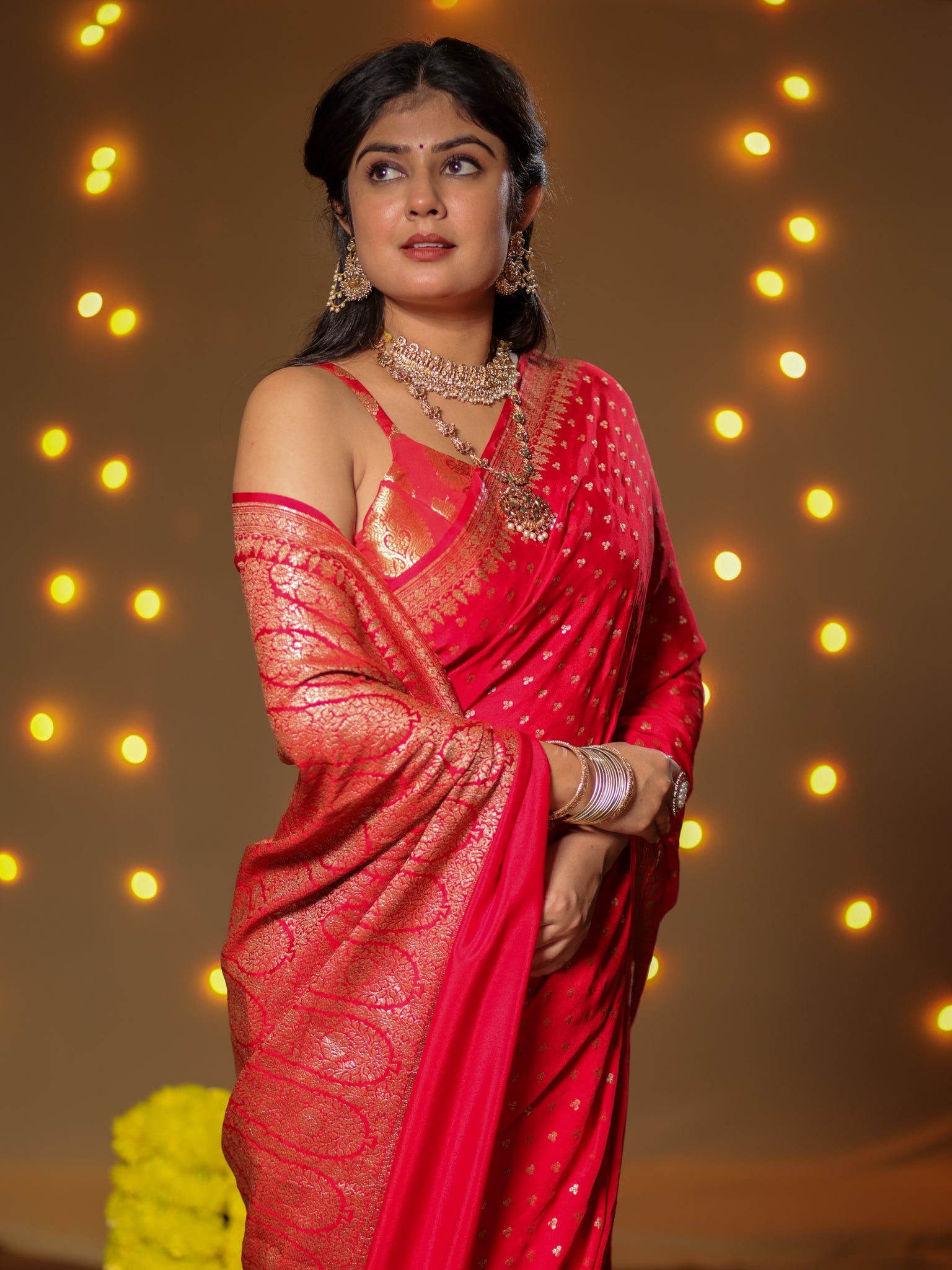 Banarasi Pure Khaddi Georgette Saree With Antique Zari Buti Weaving- Red