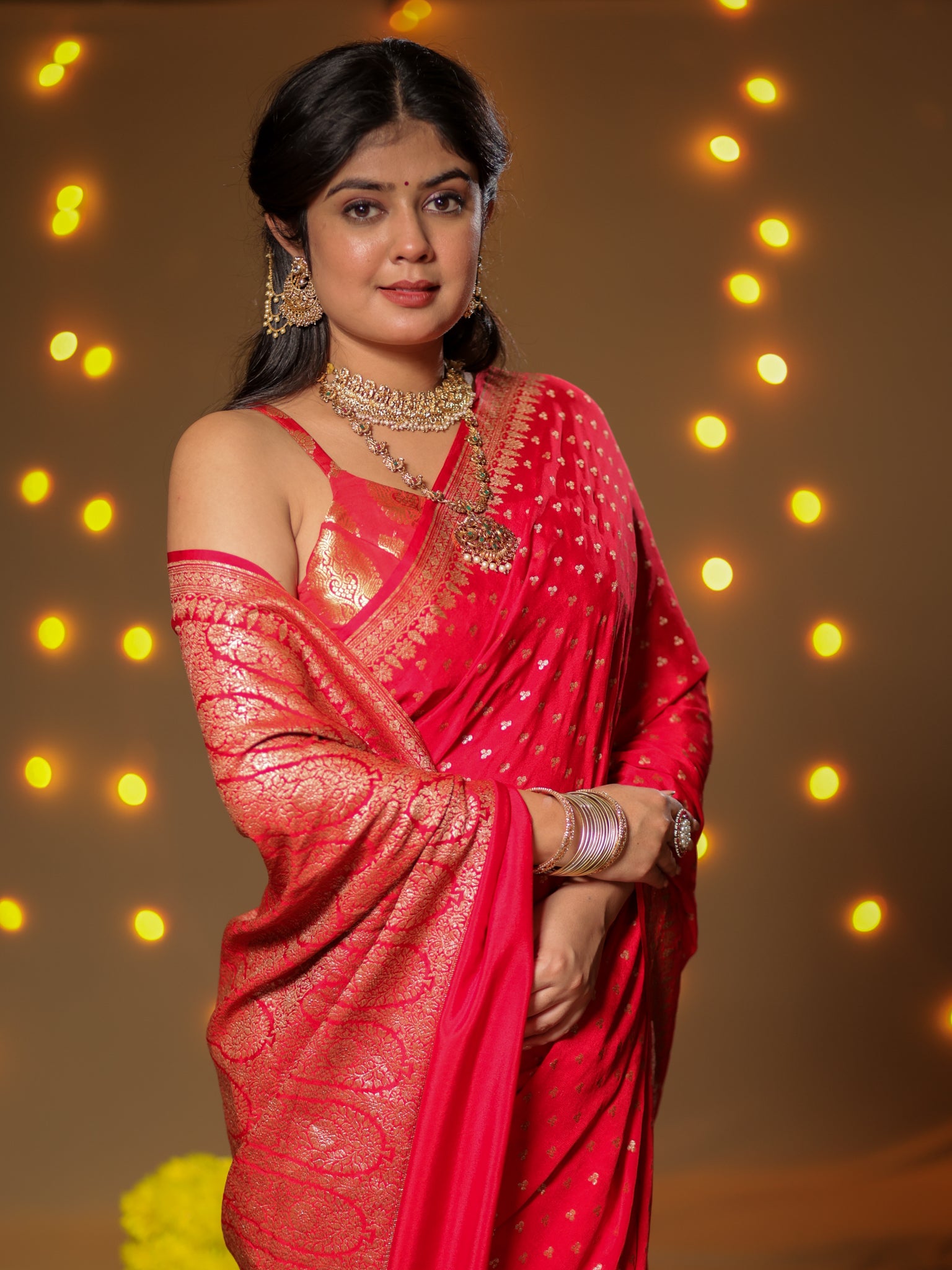 Banarasi Pure Khaddi Georgette Saree With Antique Zari Buti Weaving- Red