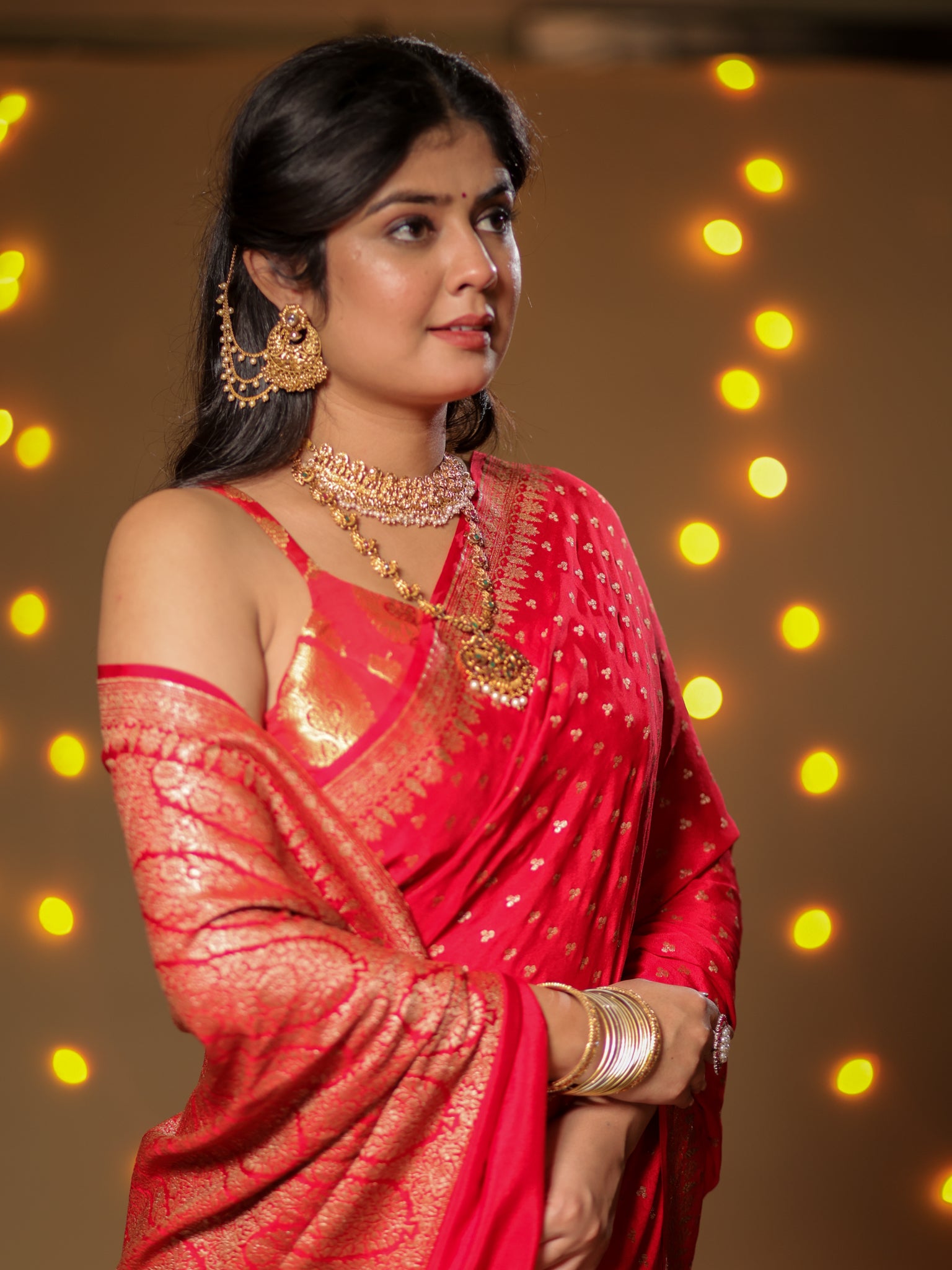 Banarasi Pure Khaddi Georgette Saree With Antique Zari Buti Weaving- Red