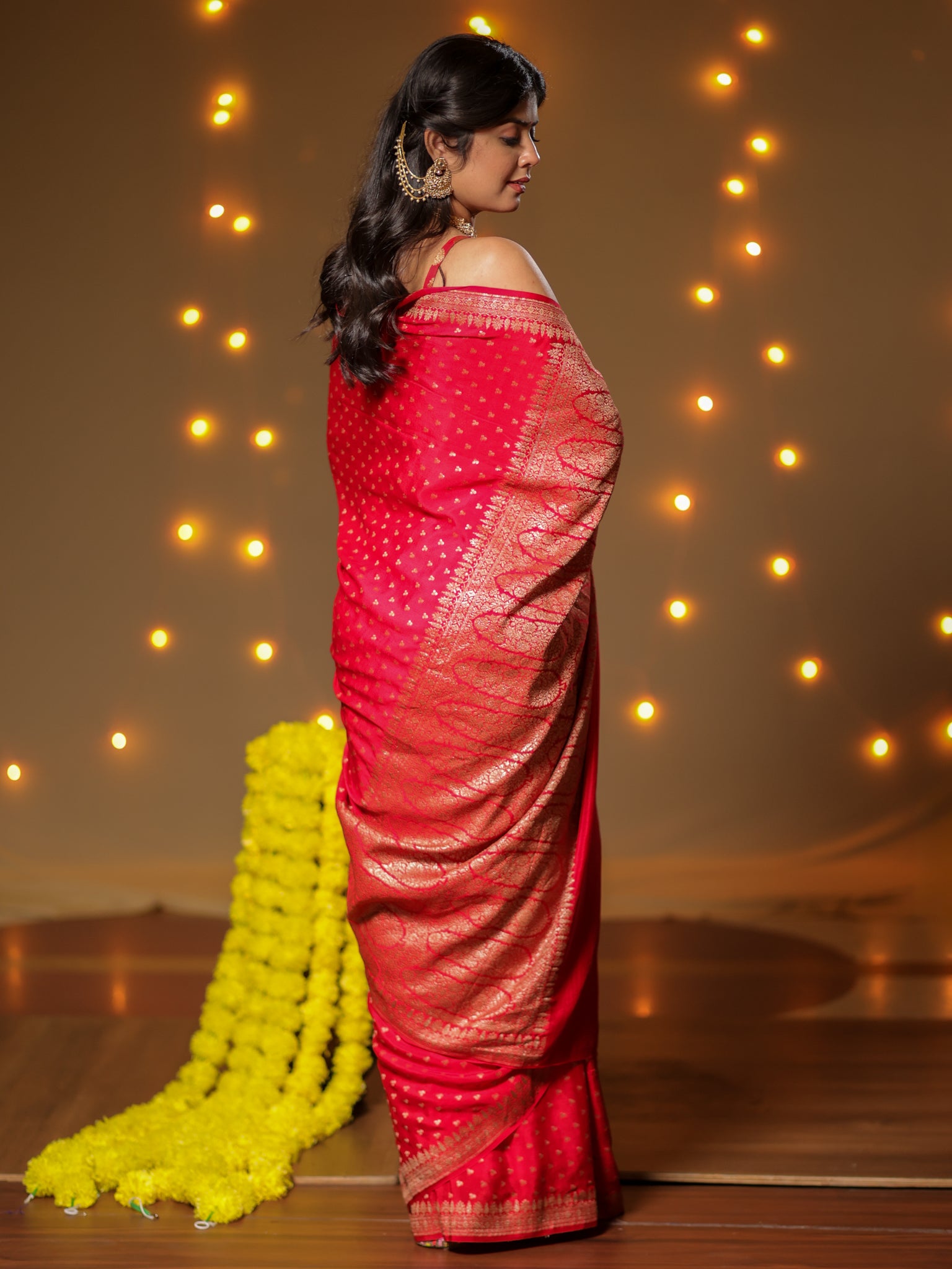 Banarasi Pure Khaddi Georgette Saree With Antique Zari Buti Weaving- Red