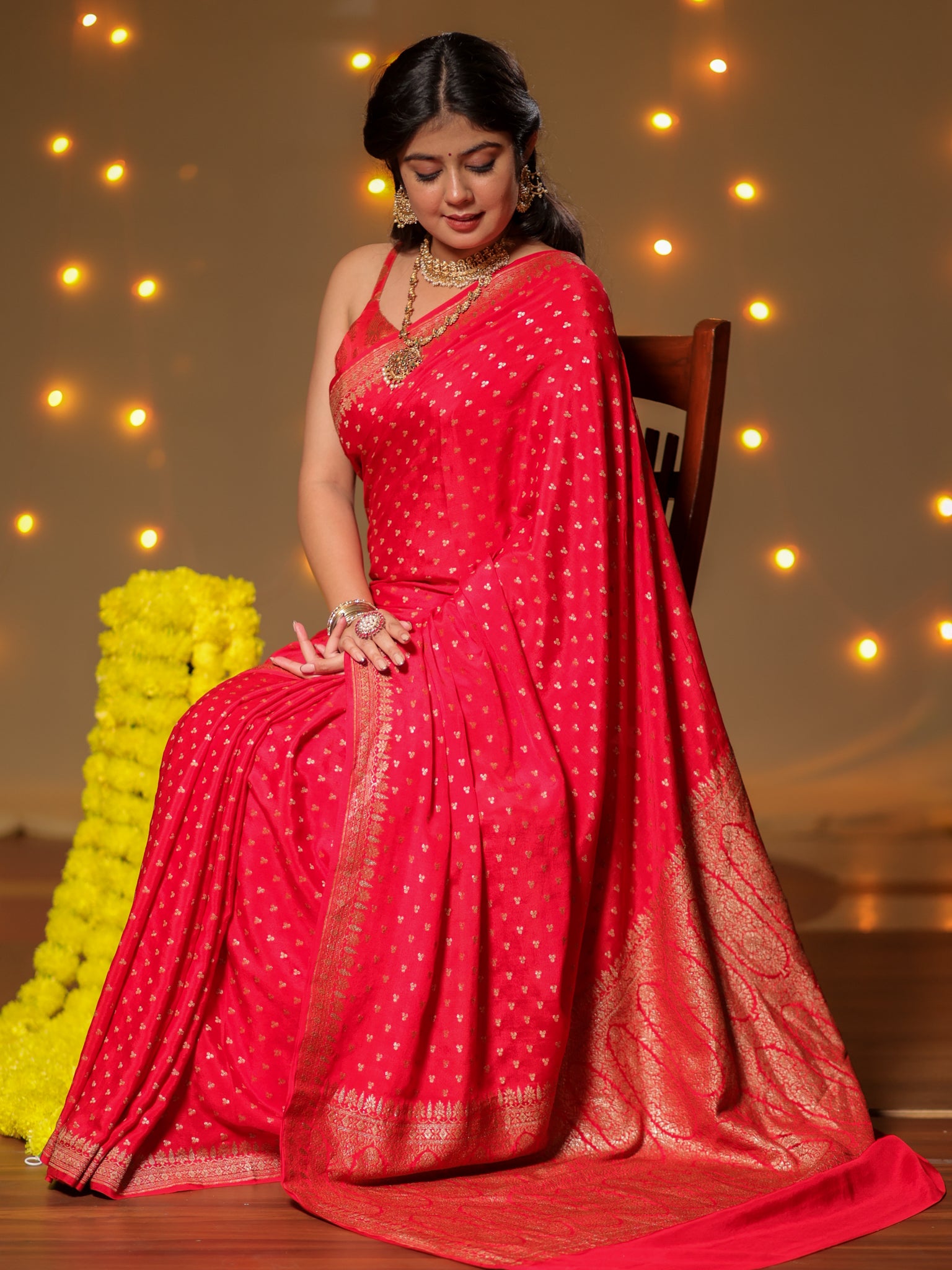 Banarasi Pure Khaddi Georgette Saree With Antique Zari Buti Weaving- Red