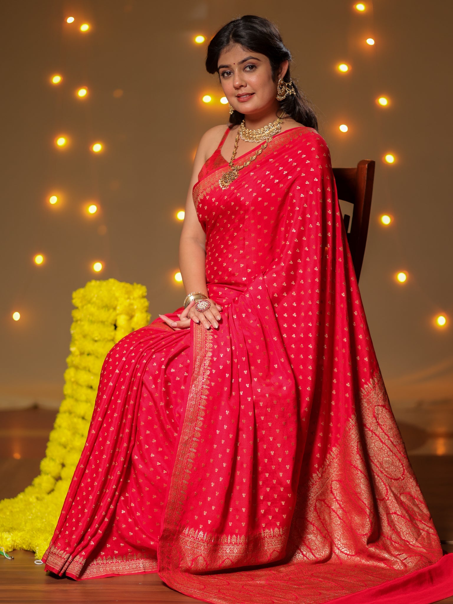 Banarasi Pure Khaddi Georgette Saree With Antique Zari Buti Weaving- Red