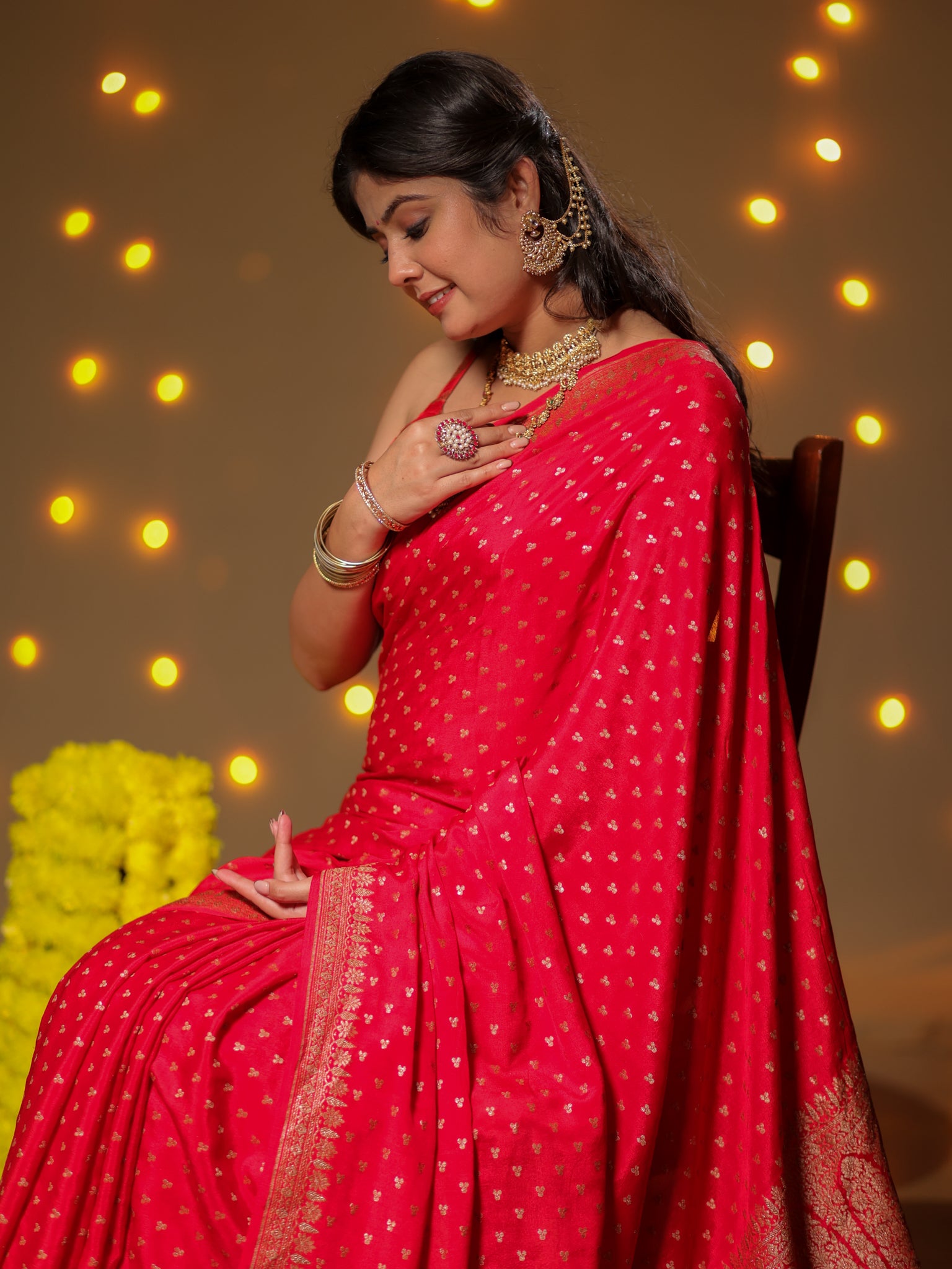 Banarasi Pure Khaddi Georgette Saree With Antique Zari Buti Weaving- Red