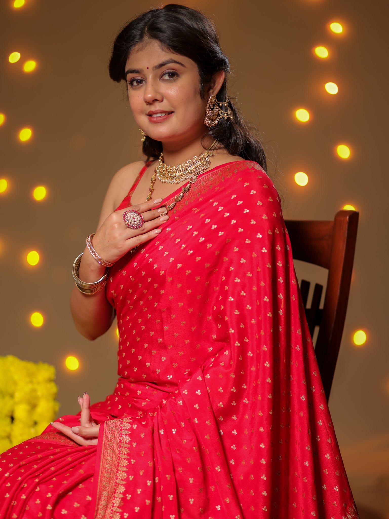 Banarasi Pure Khaddi Georgette Saree With Antique Zari Buti Weaving- Red