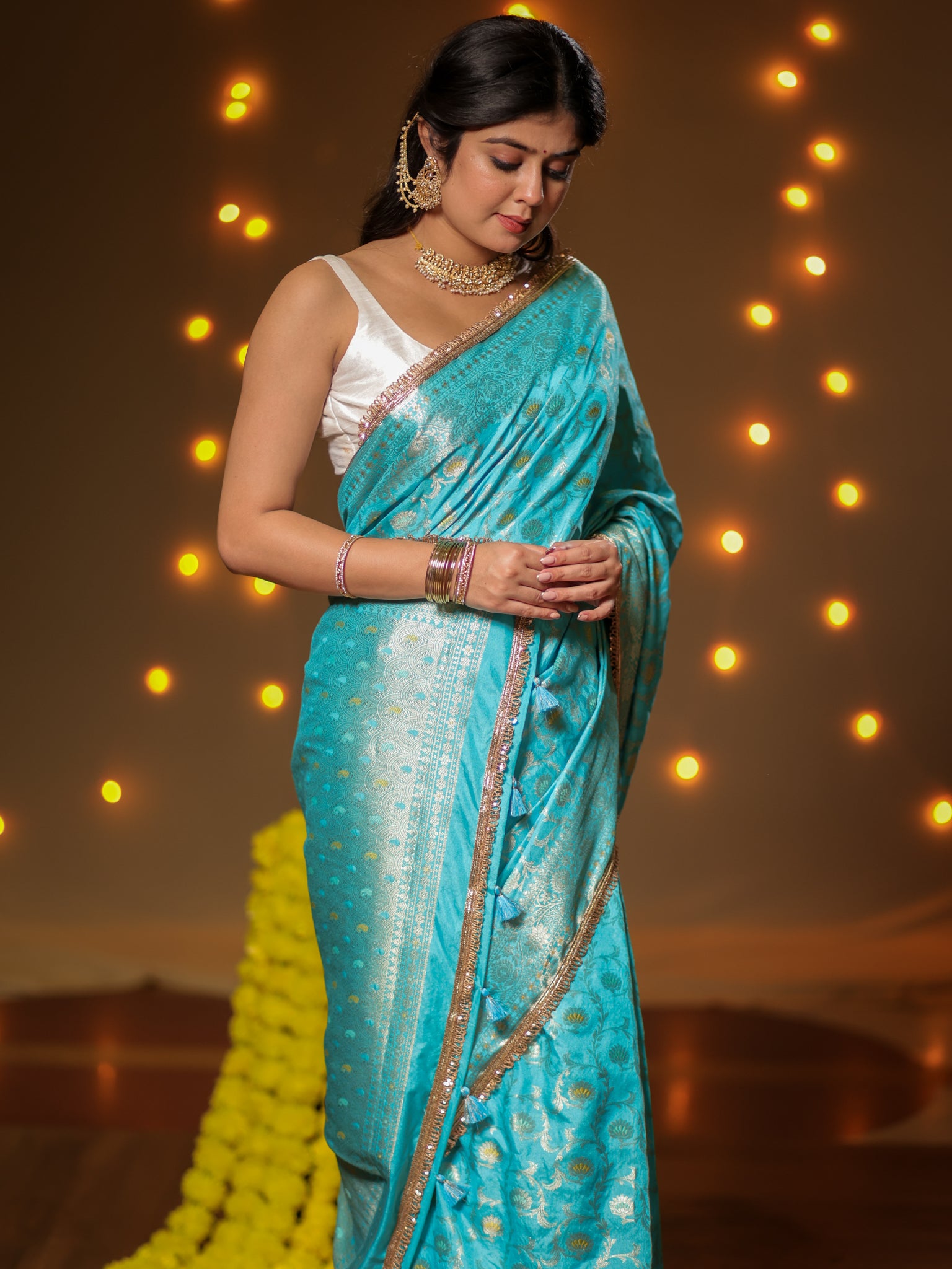 Banarasi Semi Silk Saree With Zari Weaving & Lace Border -Blue