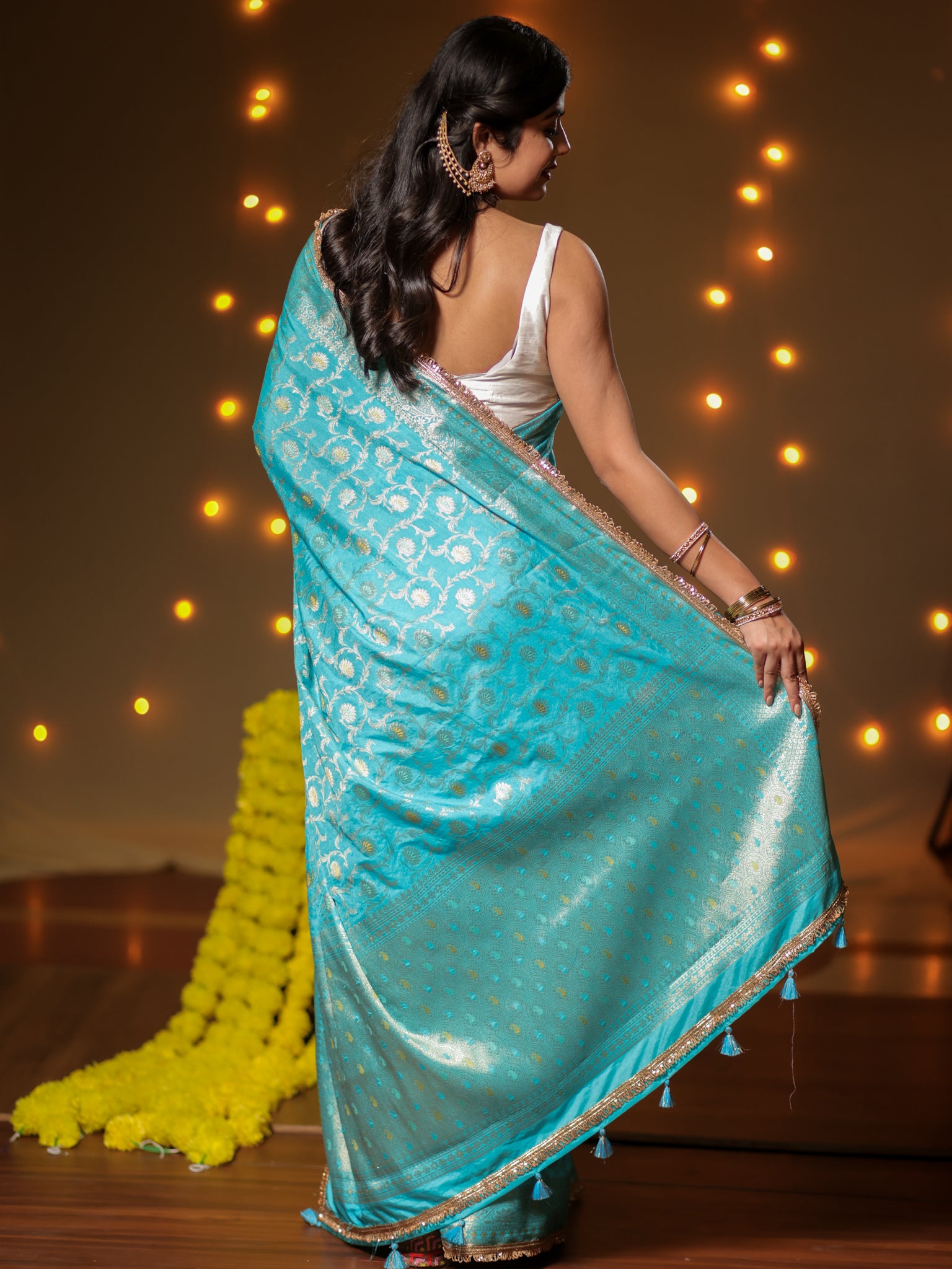 Banarasi Semi Silk Saree With Zari Weaving & Lace Border -Blue