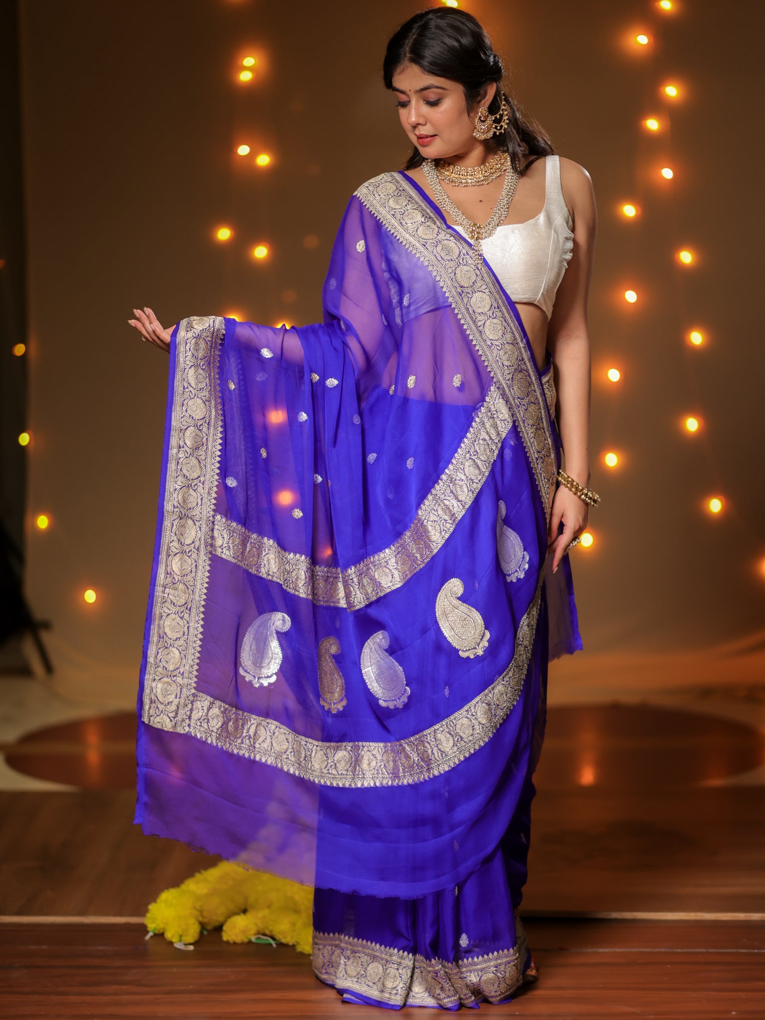 Banarasi Pure Khaddi Georgette Saree With Sona Rupa ZariButi Weaving- Blue