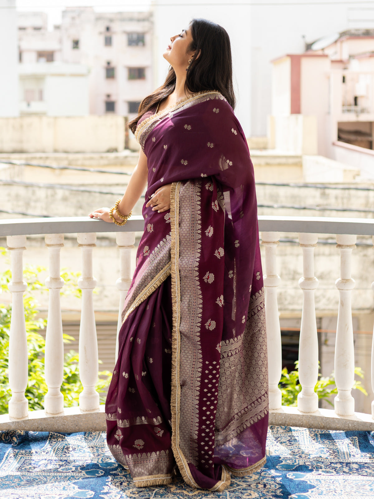 Banarasi Semi Silk Saree with Zari Weaving & Lace Border- Wine