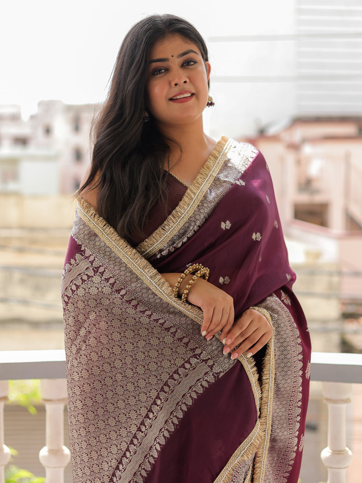 Banarasi Semi Silk Saree with Zari Weaving & Lace Border- Wine