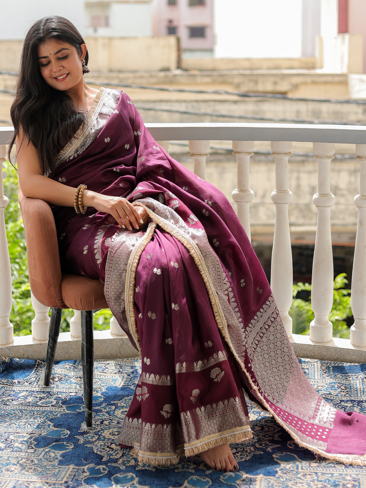 Banarasi Semi Silk Saree with Zari Weaving & Lace Border- Wine