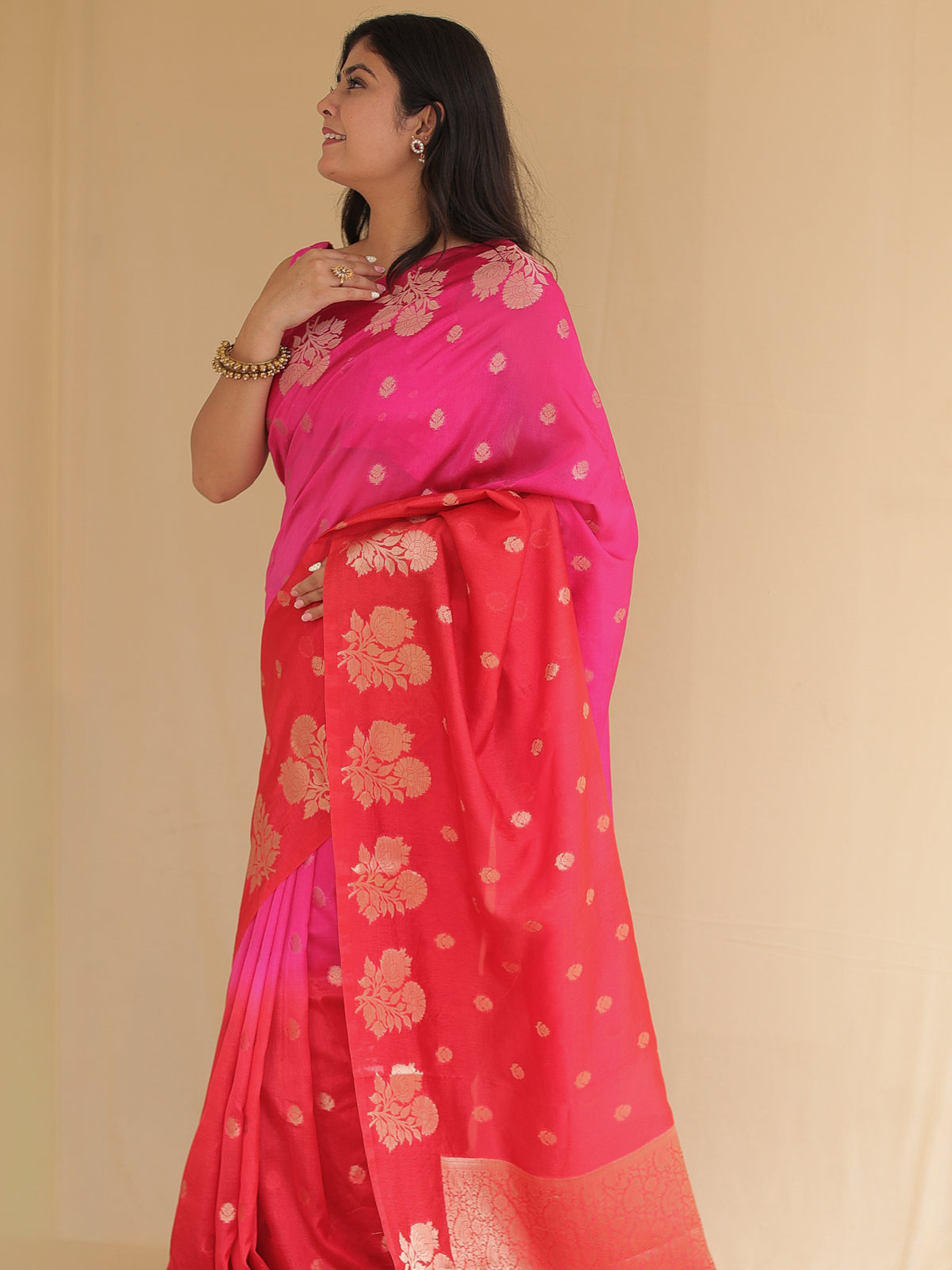 Banarasi Dual Shaded Semi Silk Saree with Zari Weaving & Border- Magenta