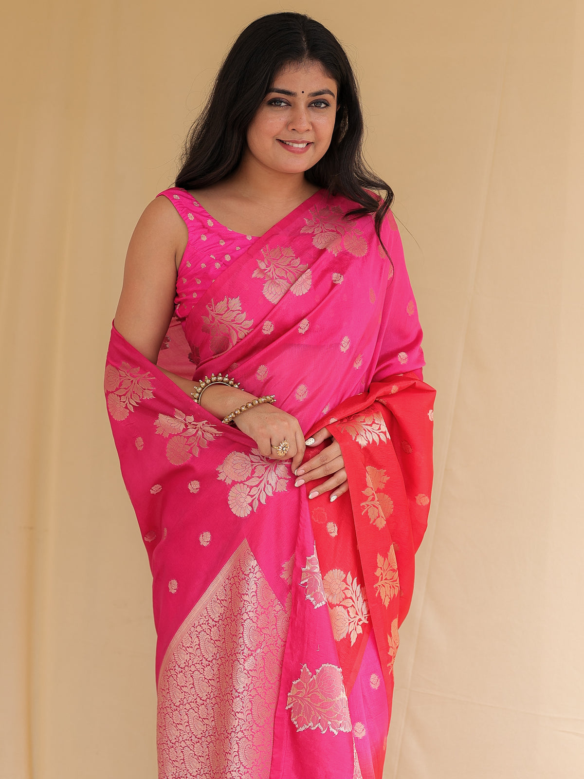 Banarasi Dual Shaded Semi Silk Saree with Zari Weaving & Border- Magenta