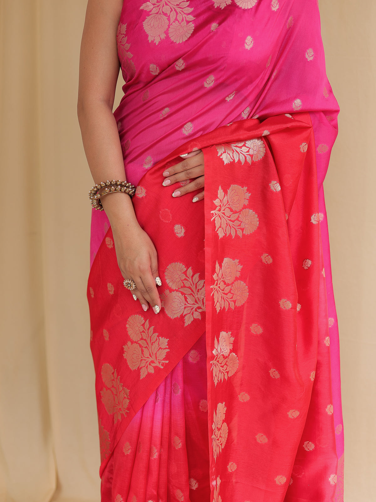 Banarasi Dual Shaded Semi Silk Saree with Zari Weaving & Border- Magenta