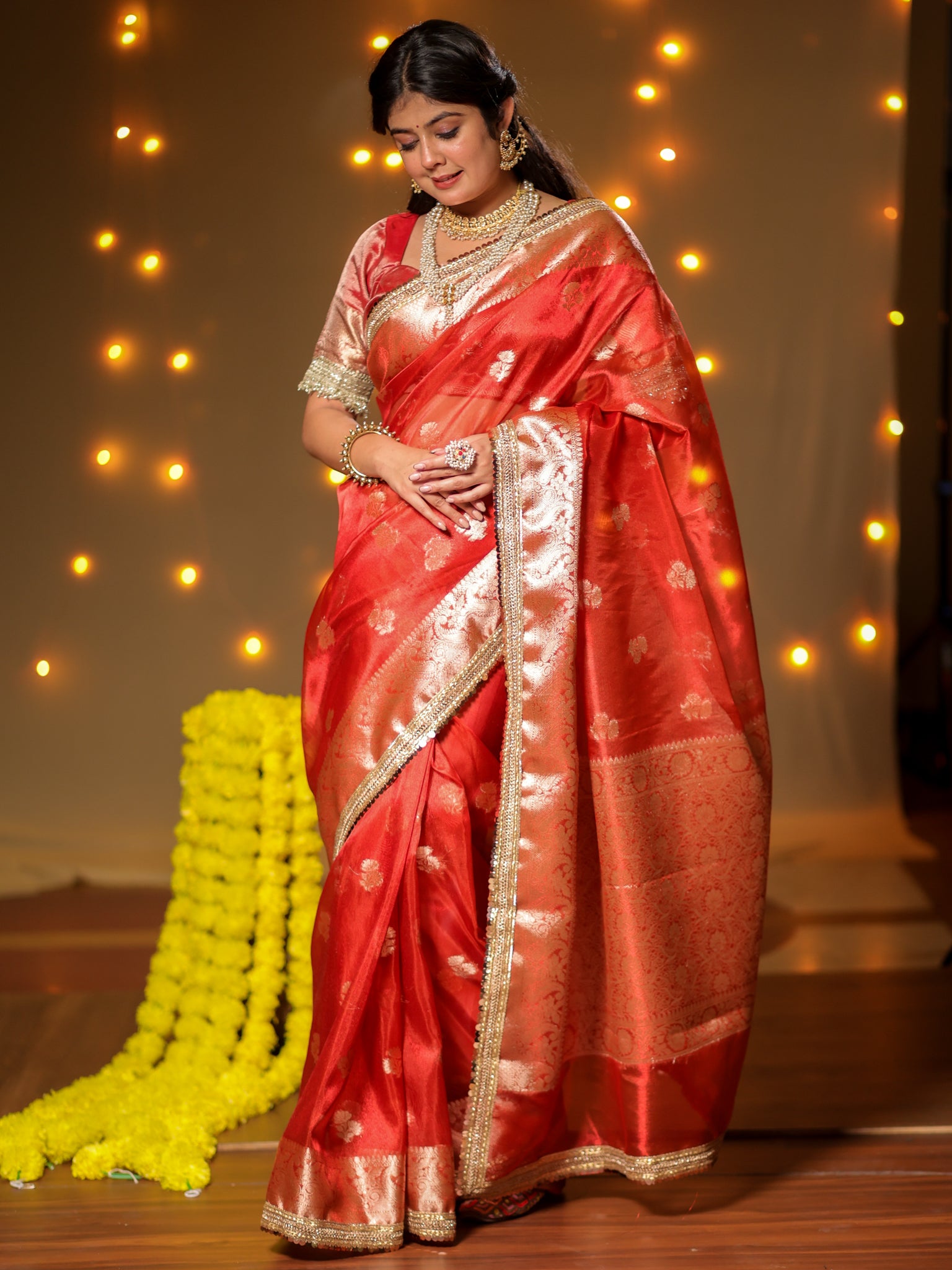 Banarasi Tissue Saree With Buti Weaving & Lace Border - Red