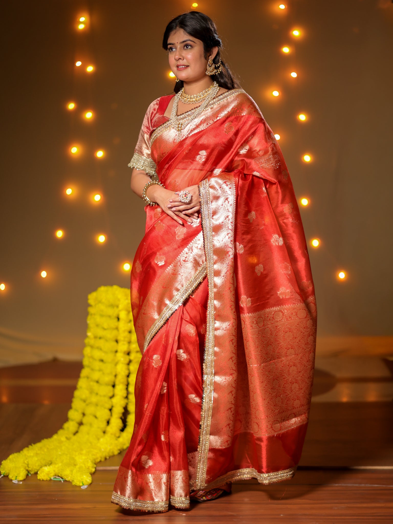 Banarasi Tissue Saree With Buti Weaving & Lace Border - Red