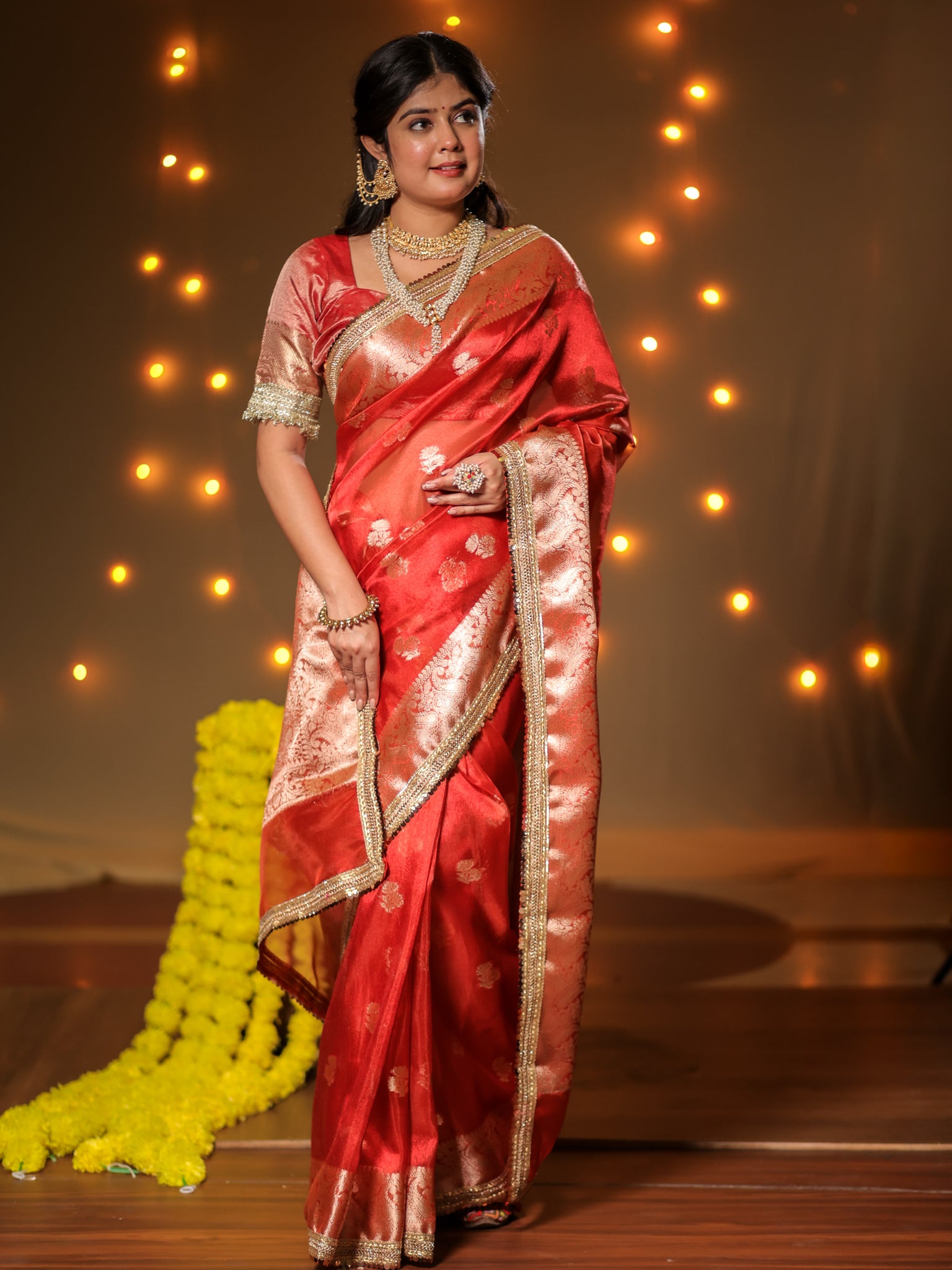 Banarasi Tissue Saree With Buti Weaving & Lace Border - Red