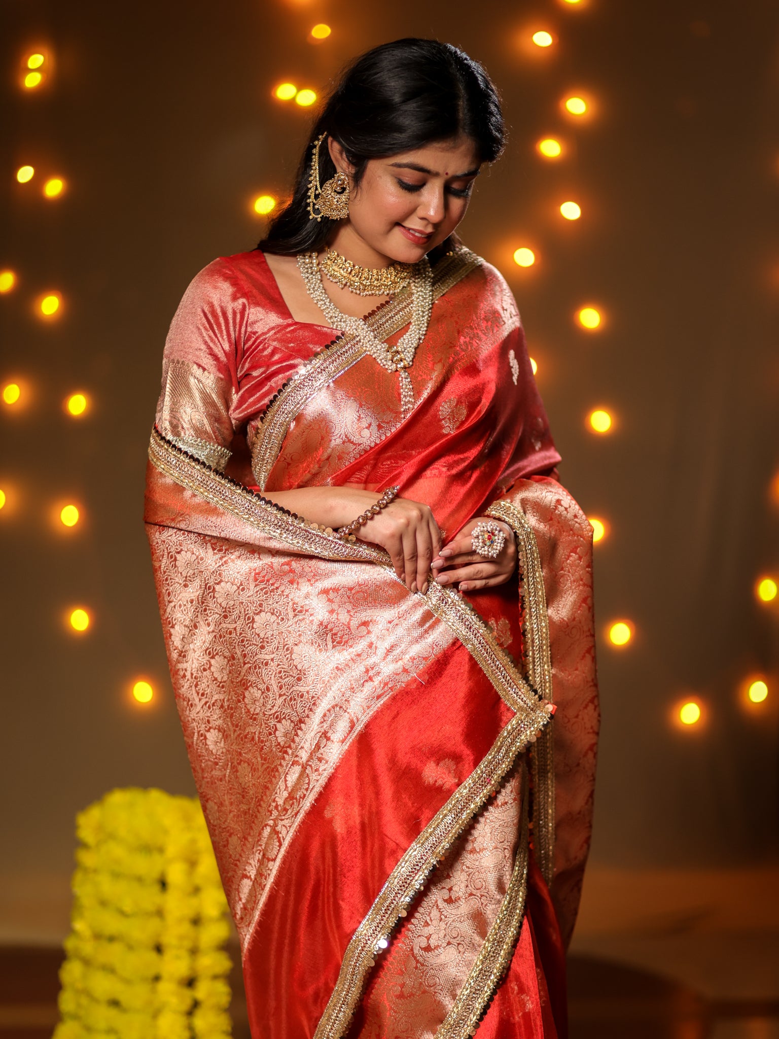 Banarasi Tissue Saree With Buti Weaving & Lace Border - Red