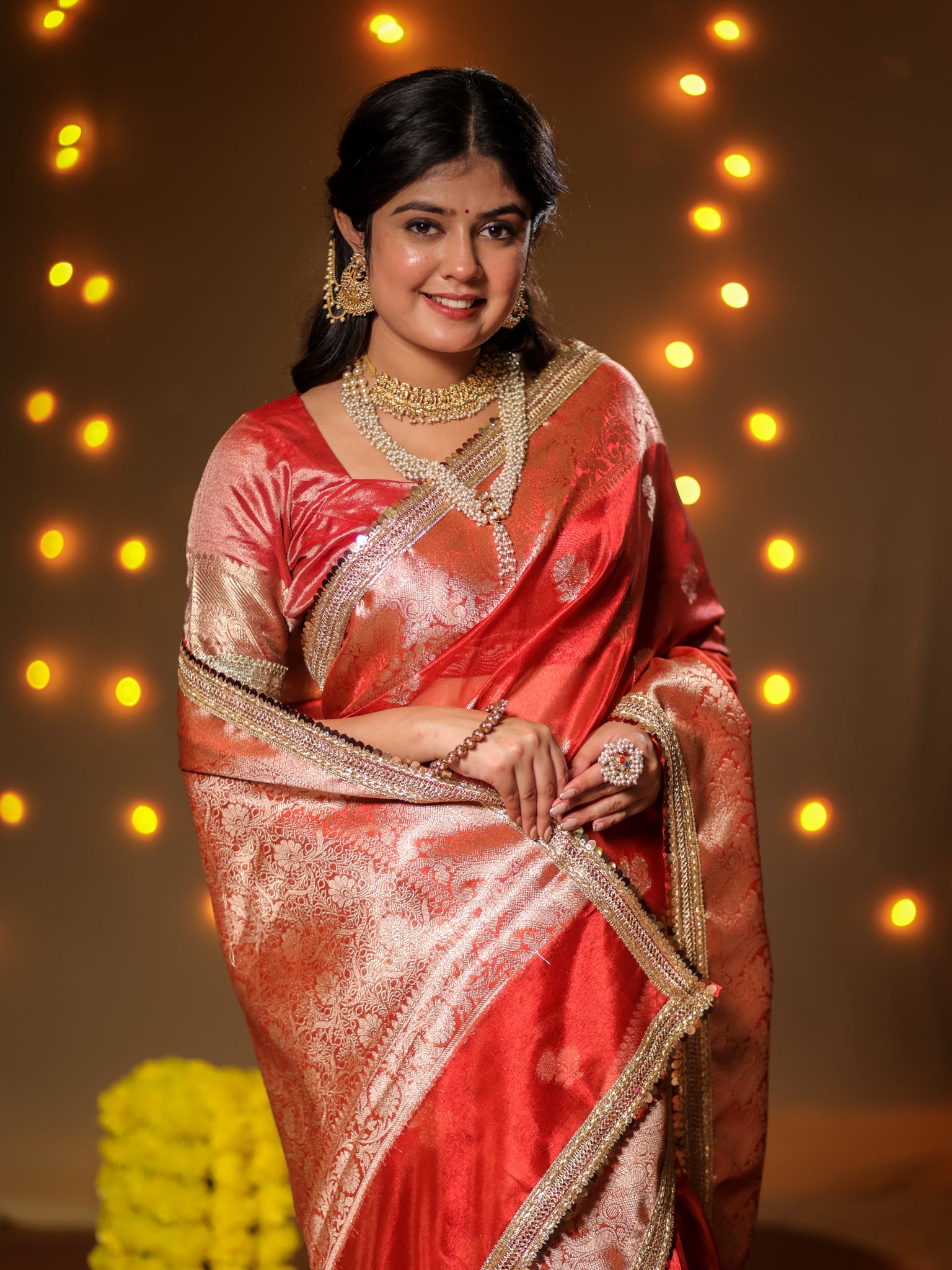 Banarasi Tissue Saree With Buti Weaving & Lace Border - Red