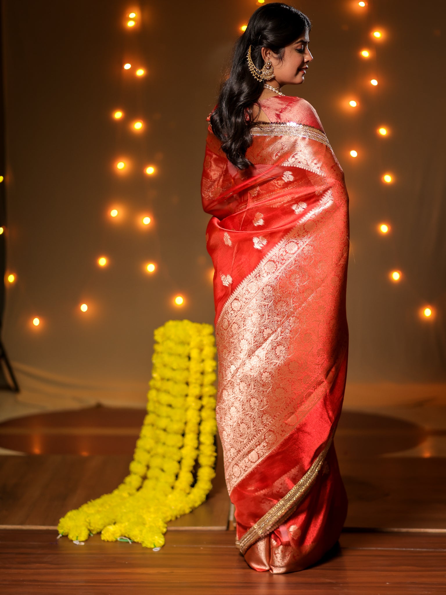 Banarasi Tissue Saree With Buti Weaving & Lace Border - Red