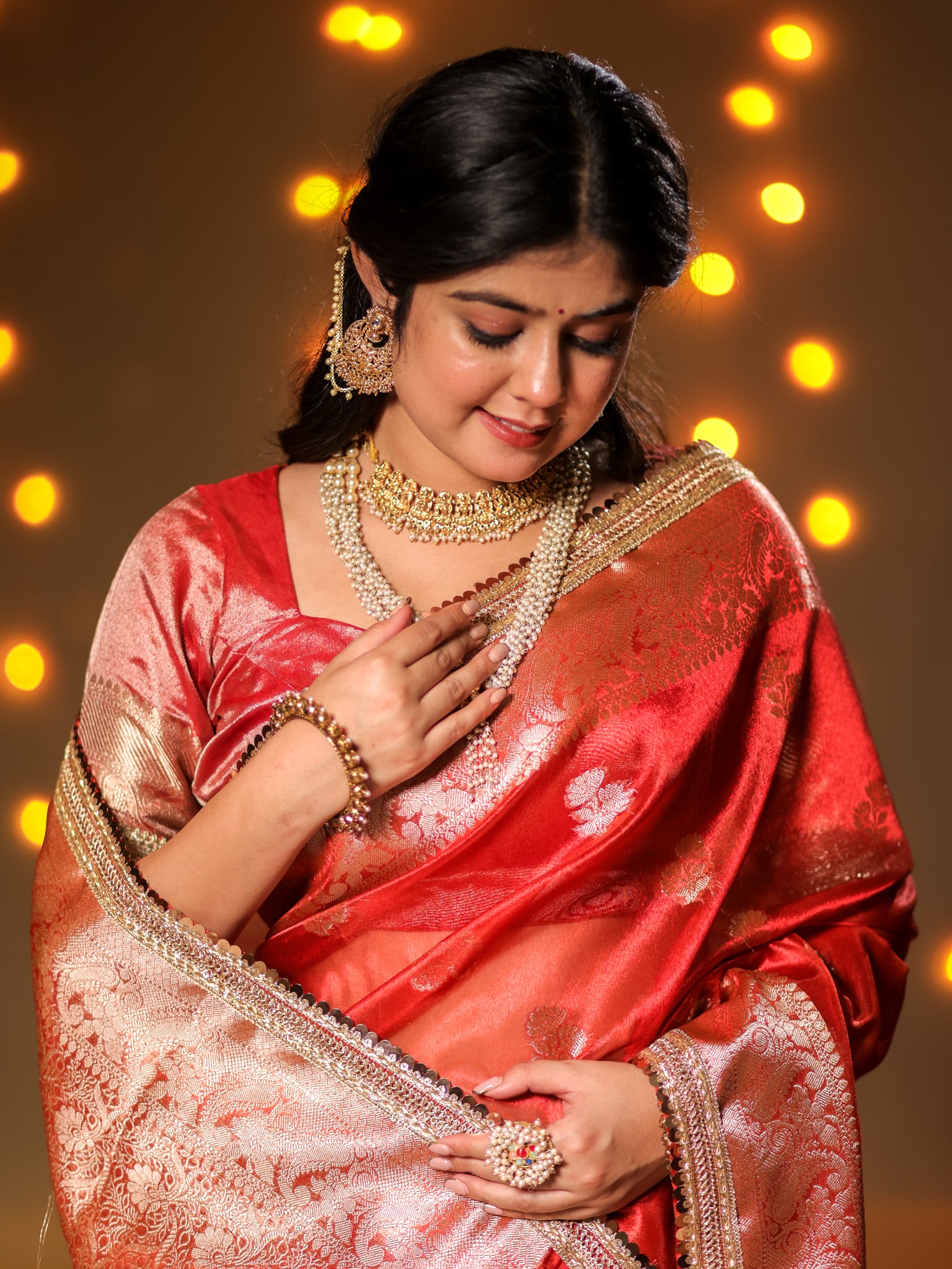 Banarasi Tissue Saree With Buti Weaving & Lace Border - Red