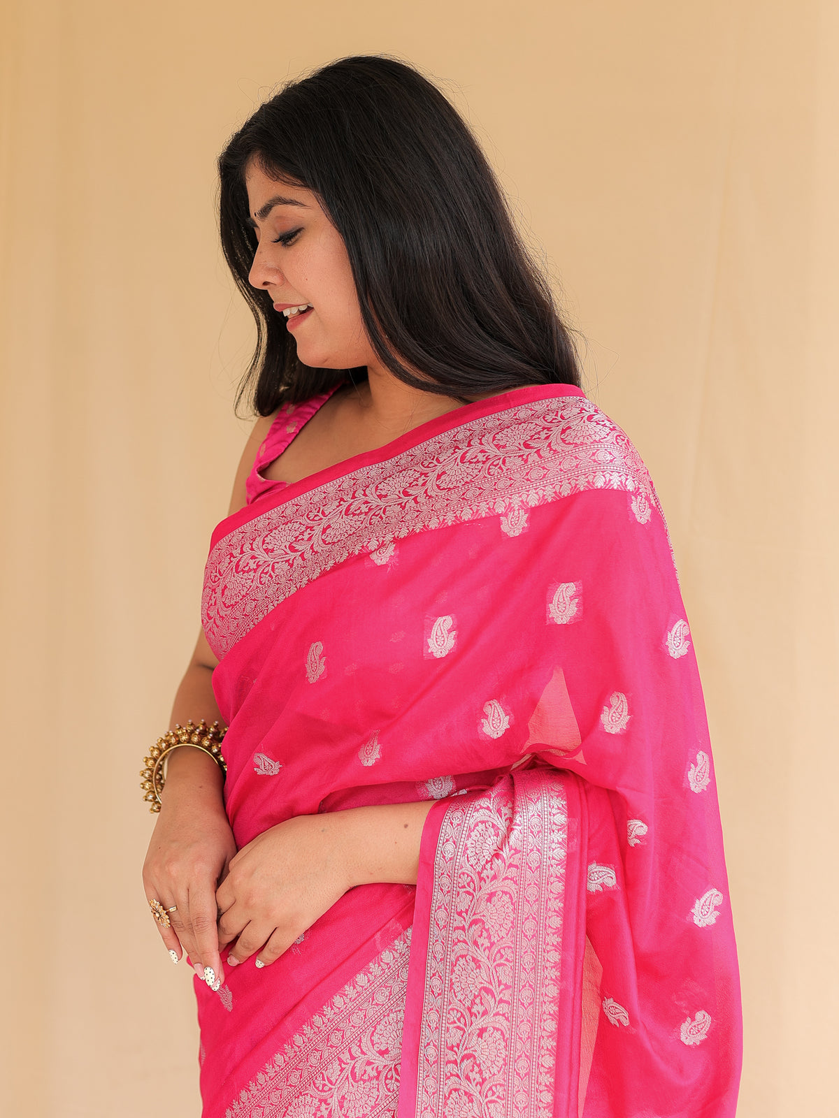 Banarasi Semi Silk Saree with Zari Weaving & Border- Magenta
