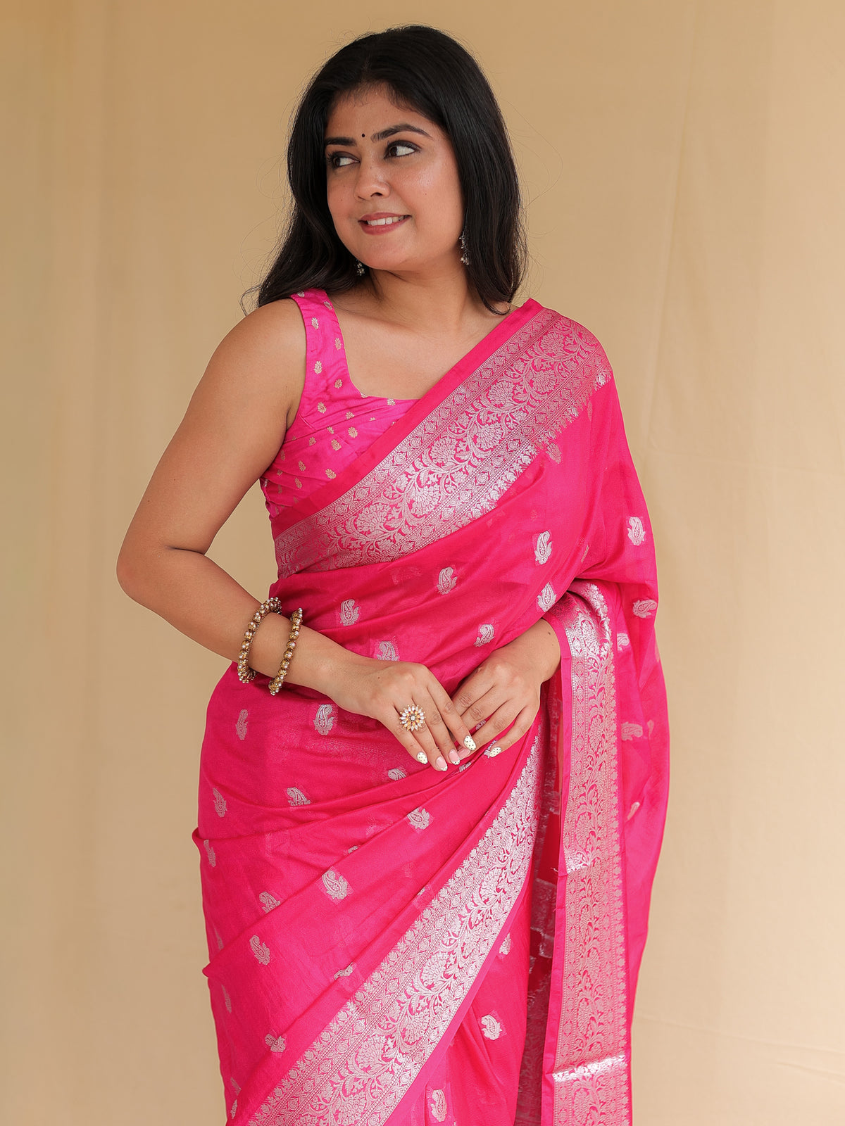 Banarasi Semi Silk Saree with Zari Weaving & Border- Magenta