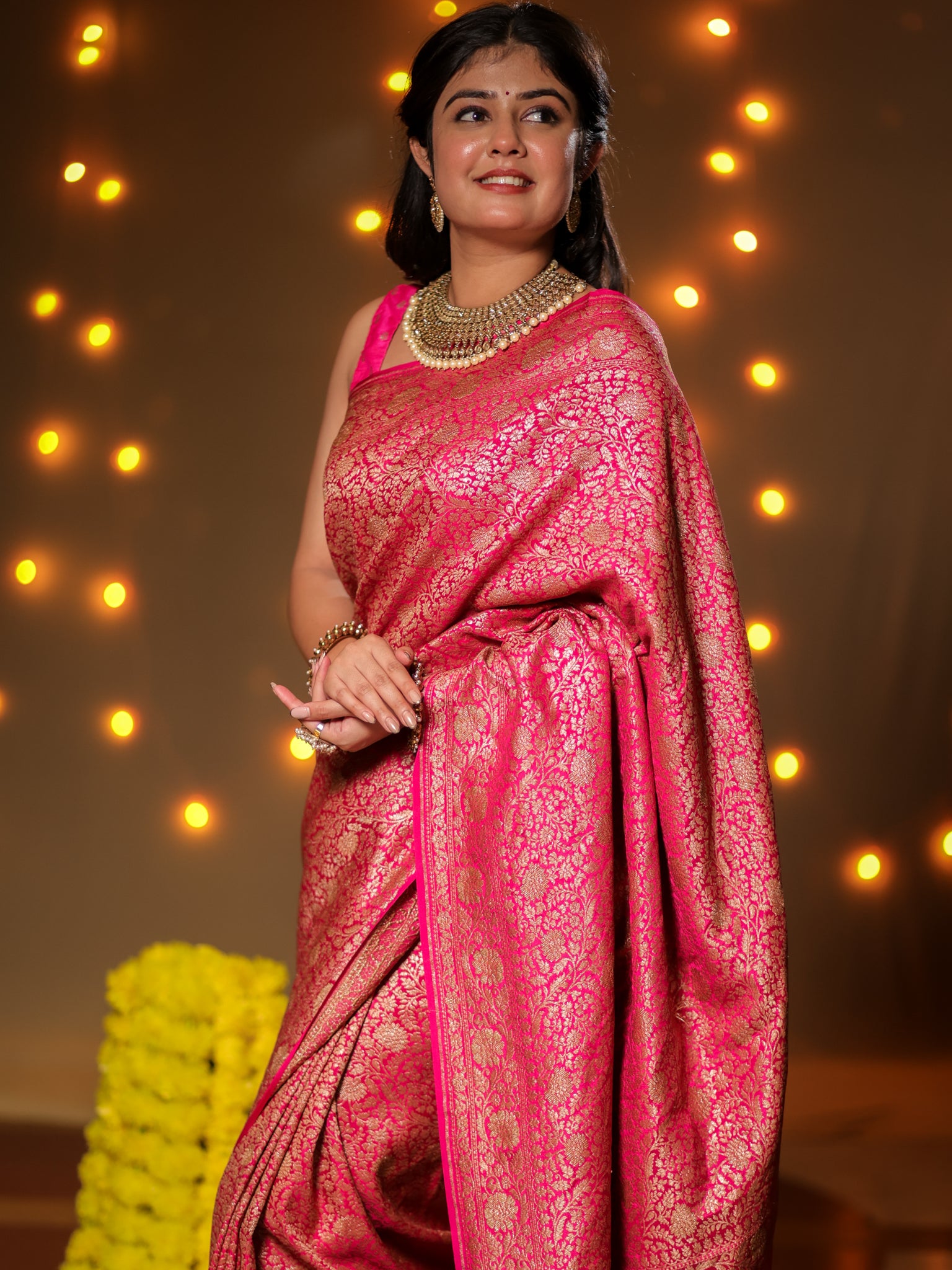 Banarasi Pure Khaddi Georgette Saree With Antique Zari Weaving- Pink