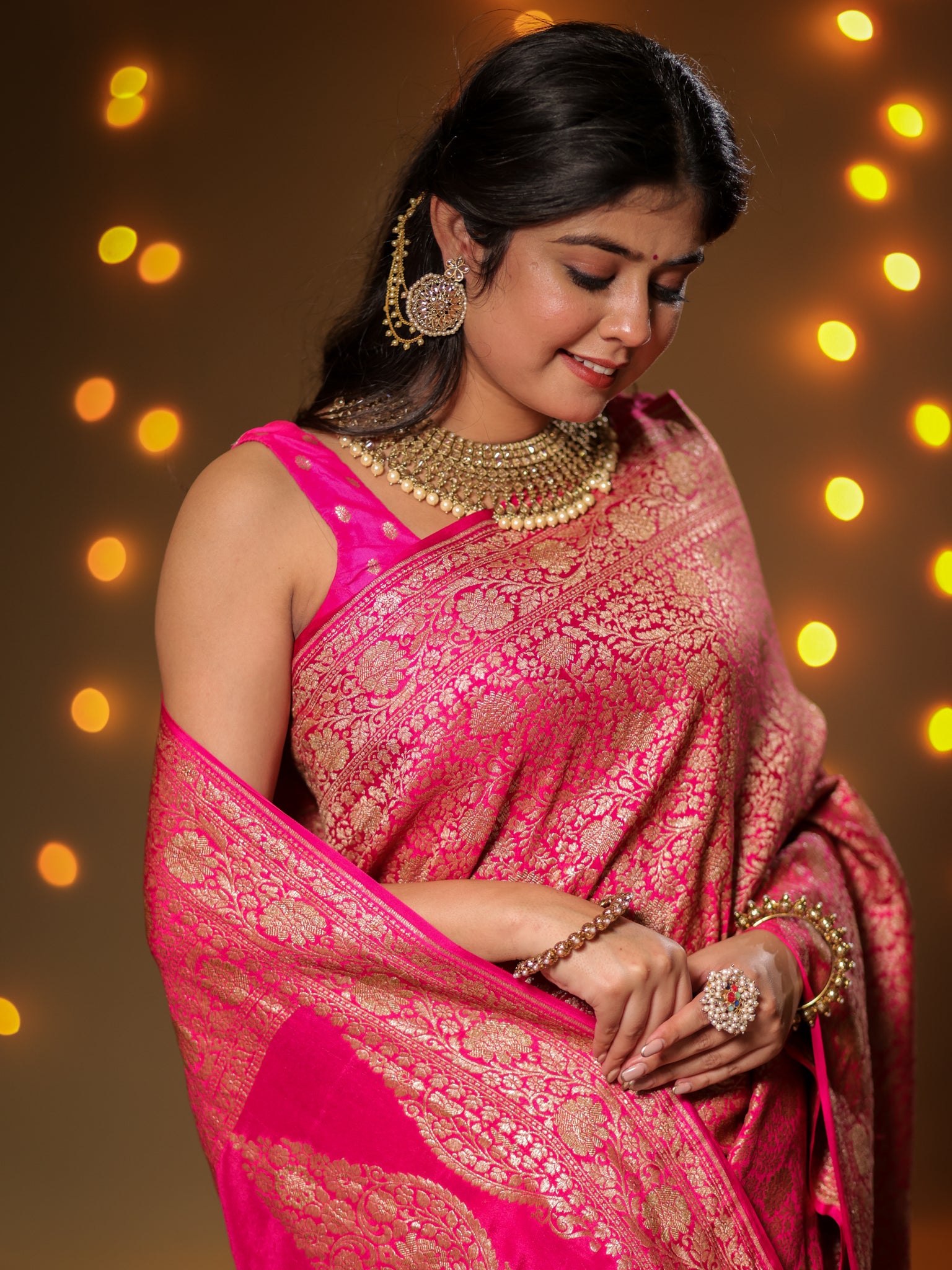 Banarasi Pure Khaddi Georgette Saree With Antique Zari Weaving- Pink