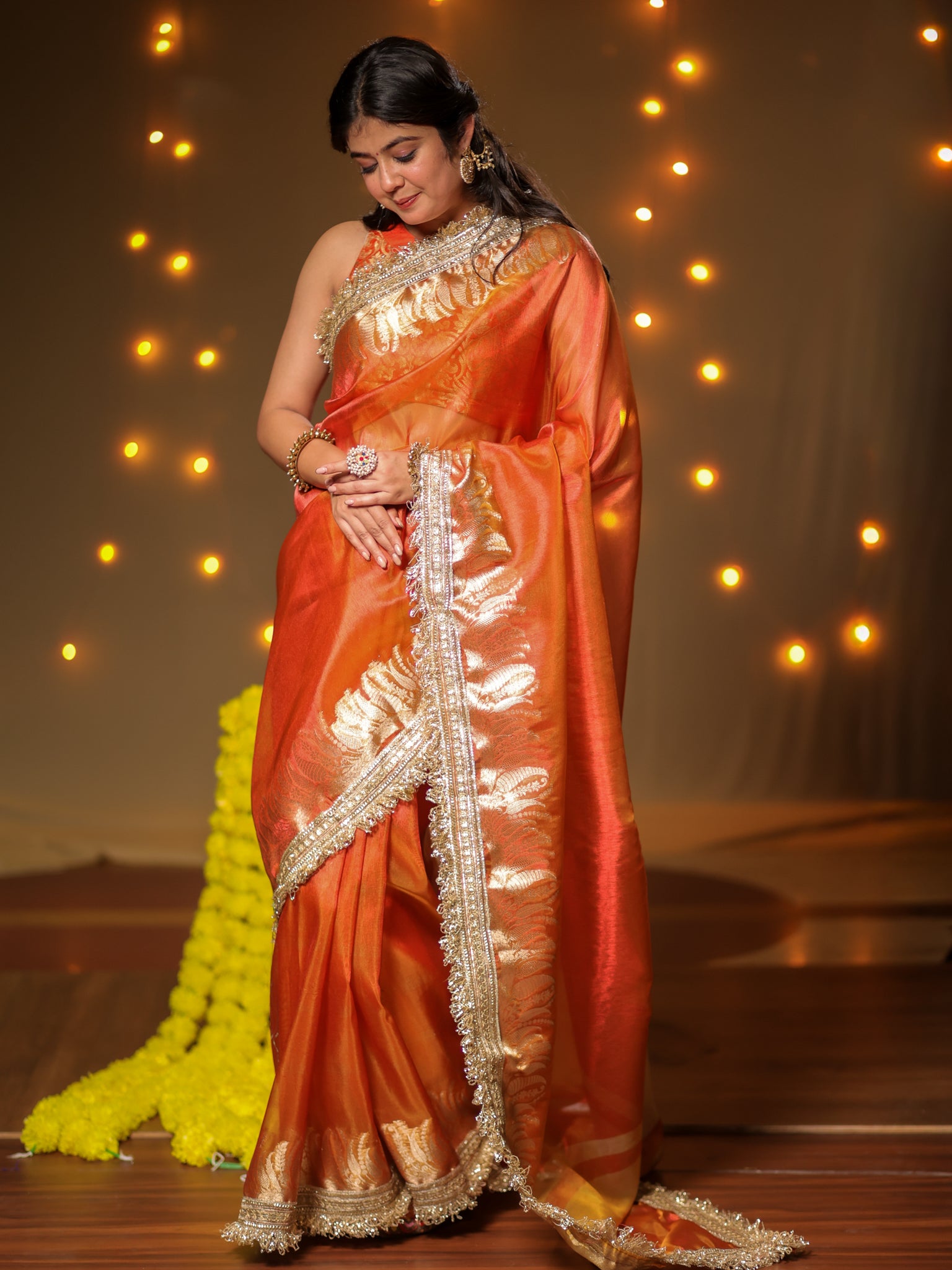 Banarasi Tissue Saree With Zari Weaving & Lace Border - Orange