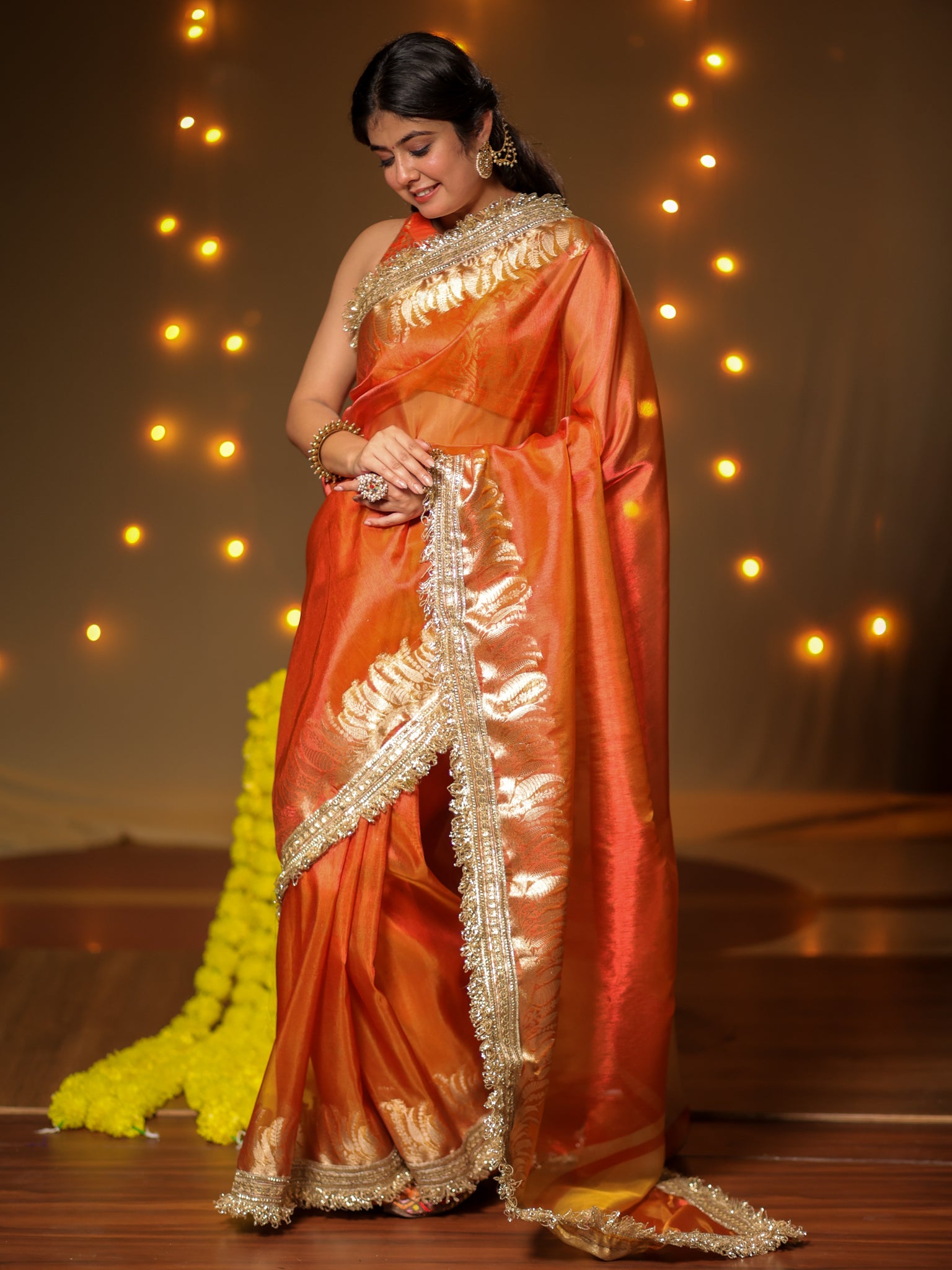 Banarasi Tissue Saree With Zari Weaving & Lace Border - Orange