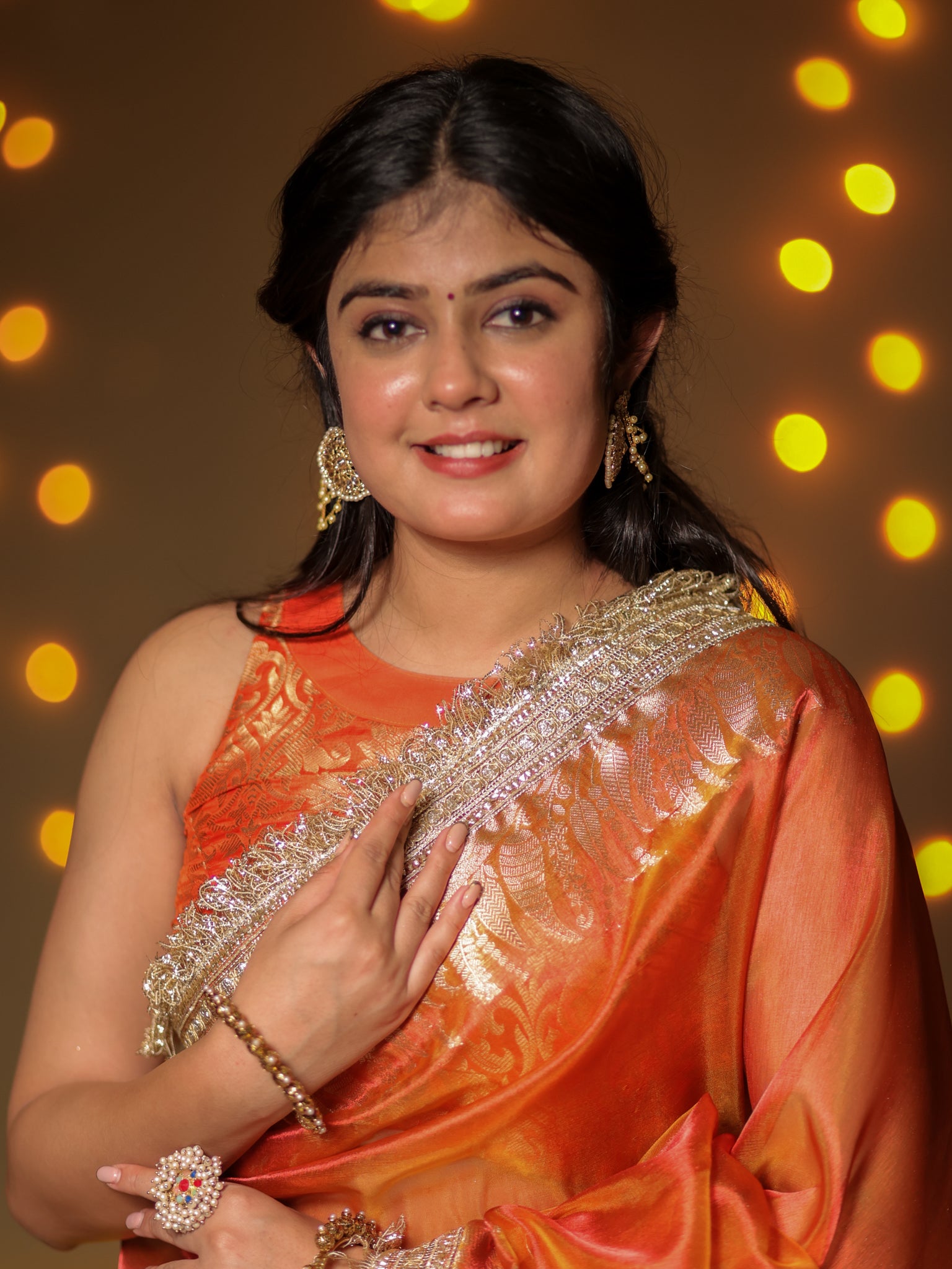 Banarasi Tissue Saree With Zari Weaving & Lace Border - Orange