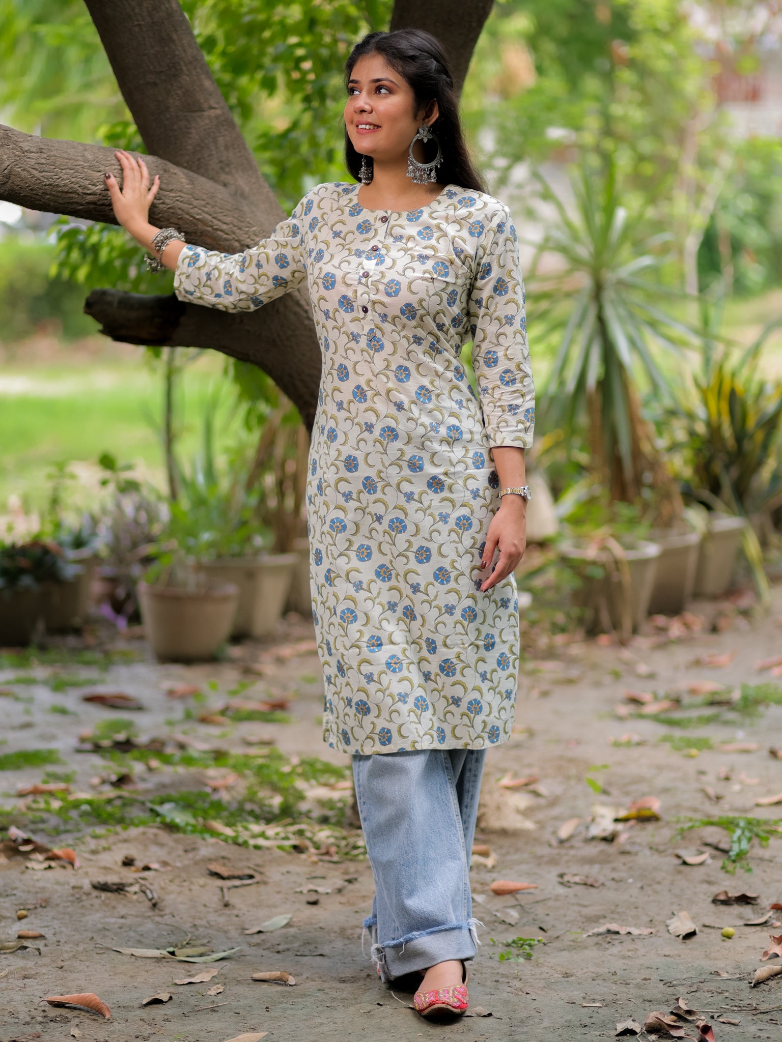 Readymade Floral Print Cotton Kurti- Off White