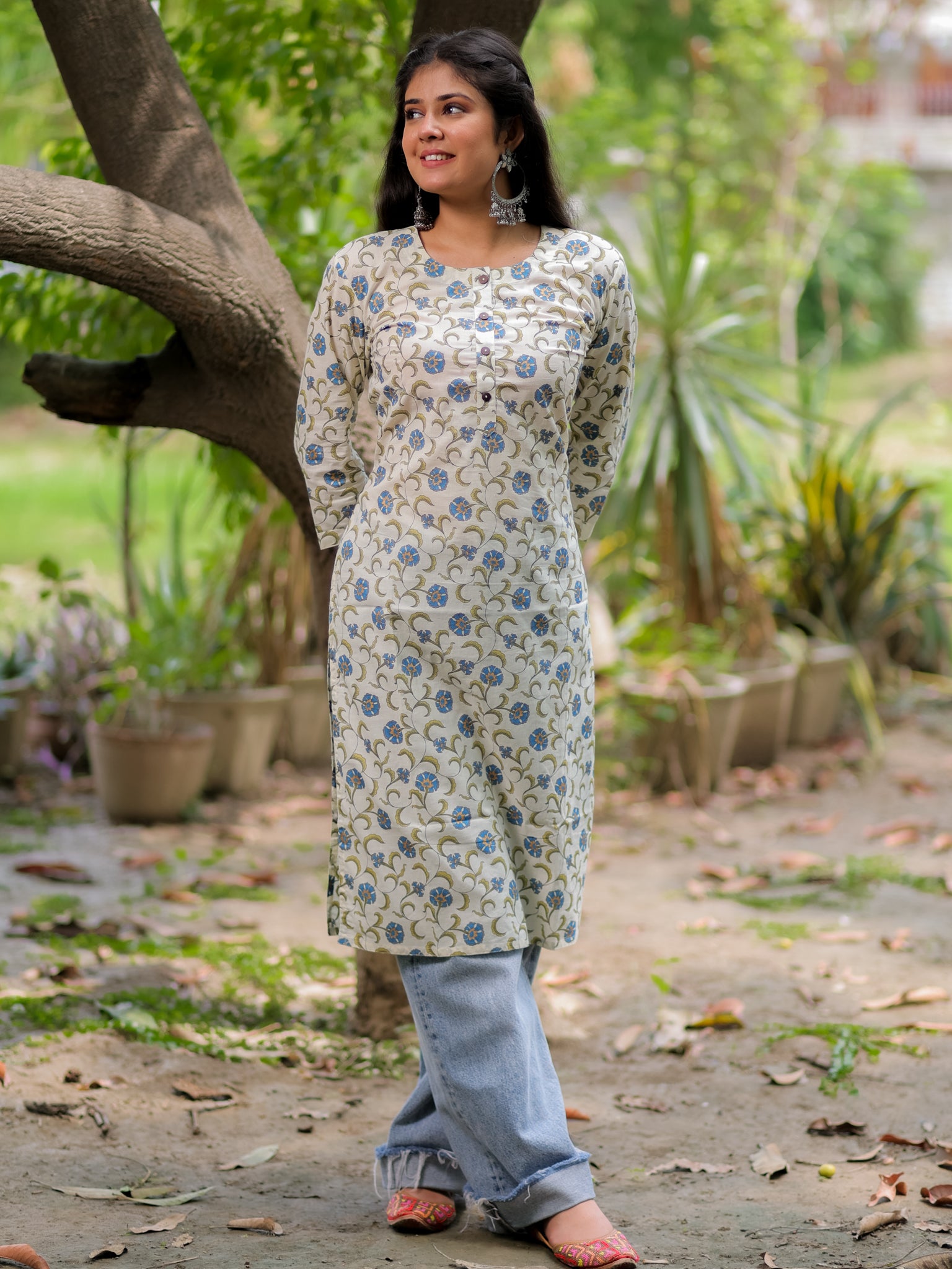 Readymade Floral Print Cotton Kurti- Off White