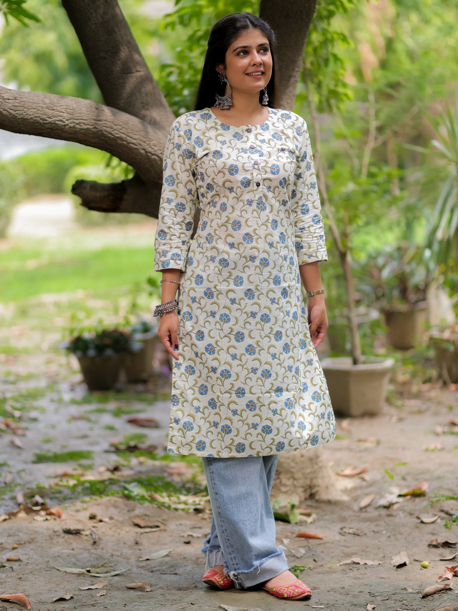 Readymade Floral Print Cotton Kurti- Off White